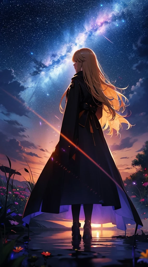 １people々々々々々,Blonde long-haired woman，Long coat， Dress Silhouette， Rear View，Space Sky, Starry Sky，rainbow，Flower Field，Colorful flowers