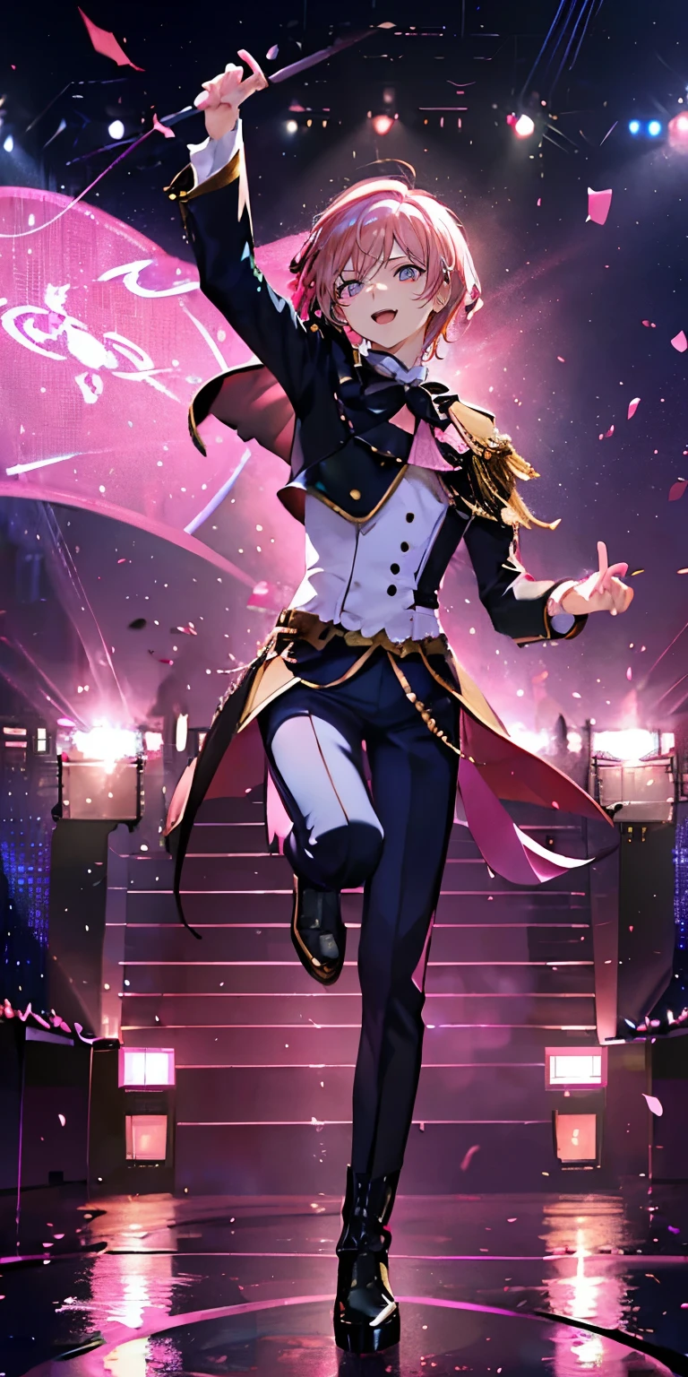 (Mastepiece), (Best Quality), Very detailed, ((1 boy)), Perfect Face, Beautiful Face, Very detailedな顔，((Pink Hair_short hair_Pink Eyes:1.3))，Male solo idol、Gorgeous idol costumes、Costumes with lots of frills、Cape、boots、(pants:1.2)、(Hold the microphone)、stage、Concert Dome、Lots of confetti、(smile:1.4)、(Open your mouth wide)、sing、dance、Wink、Laser light、Spotlight
