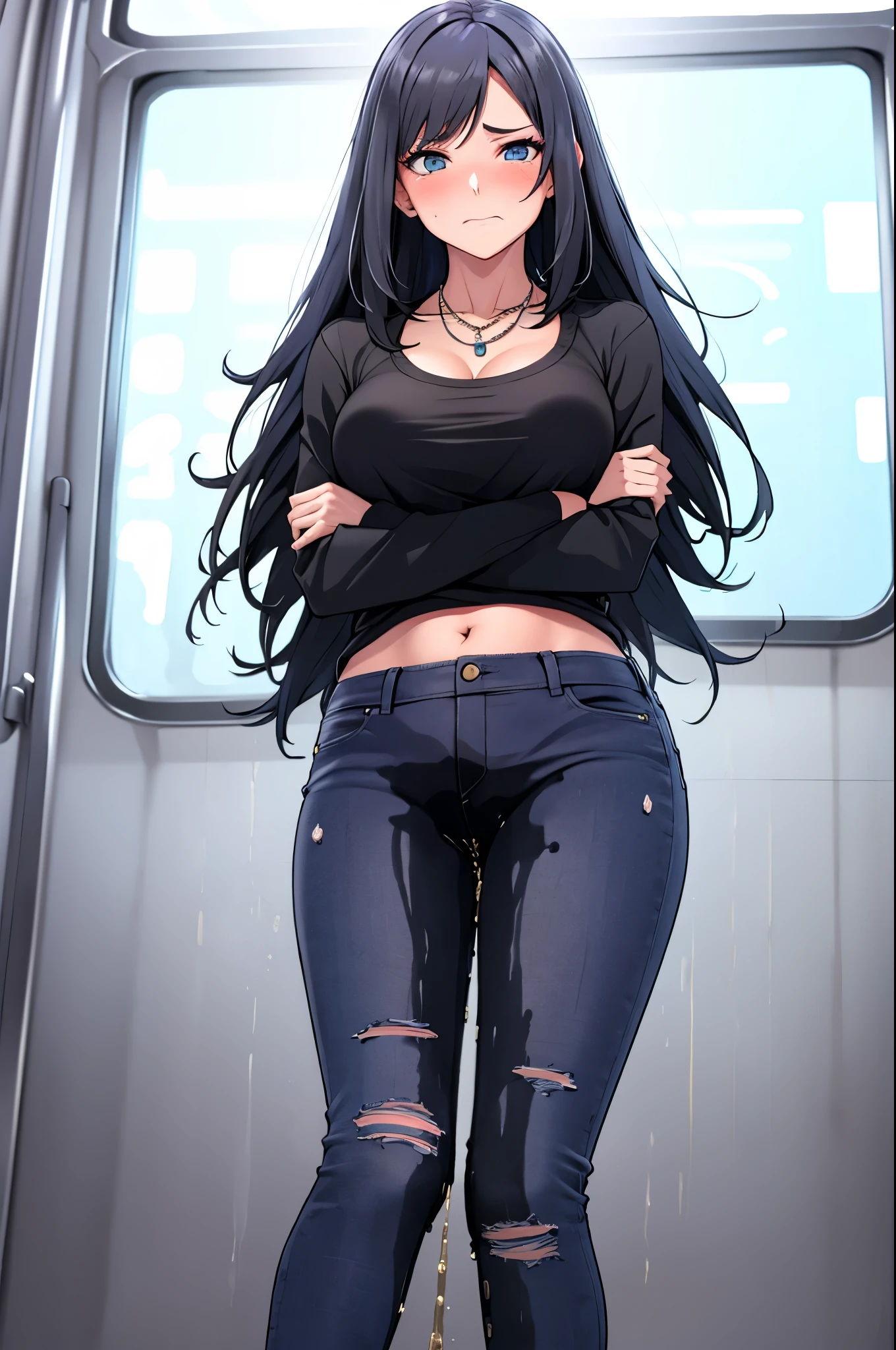 A woman with very long black hair and (very long bangs:1.5), wearing a stylish jacket and tight jeans, (low-rise jeans:1.25), (low-cut jeans:1.25), standing. The artwork is inspired by manga and incorporates a doujin style. The woman appears to be (wetting herself:1.5), which causes her to feel embarrassed and humiliated, resulting in a blush on her face. In addition, there is an air of anger in her expression. The lighting in the scene is moody, with a spotlight highlighting the woman's figure. She is crossing her arms, (arms crossed:1.5), fully showcasing her jeans., large breasts, navel, midriff, (groin:1.5), mound of venus, cleavage, diamond necklace