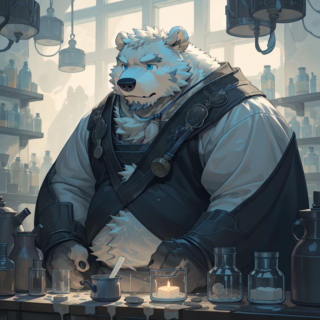 hairy，Polar Bear，Beautifully，portrait，solitary，Chubby，fat，Thick Arms，Strong muscles，White plush fur，Chubby脸，Kind expression，Black eyebrows，Sky blue eyes，beard，absurd, High-quality illustrations, Ultra-high resolution, Detailed background, ( solitary, Beast Domain, hairy的拟人化, Alchemist, experiment)Lots of pottery, In a room with many windows, 在凌乱的experiment室里, 在蒸汽朋克experiment室, fantasy Alchemist laboratory, Weapon shop interior, light,