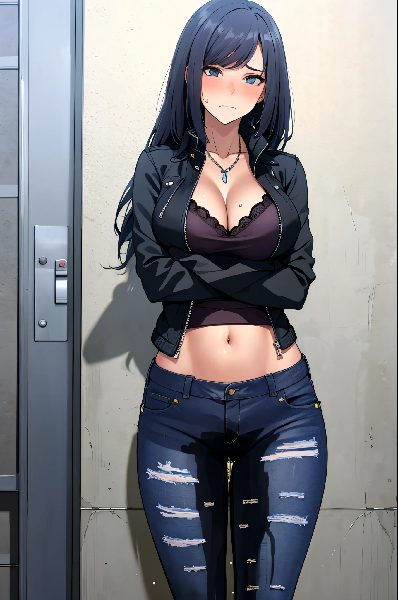 A woman with very long black hair and (very long bangs:1.5), wearing a stylish jacket and tight jeans, (low-rise jeans:1.25), (low-cut jeans:1.25), standing. The artwork is inspired by manga and incorporates a doujin style. The woman appears to be (wetting herself:1.5), which causes her to feel embarrassed and humiliated, resulting in a blush on her face. In addition, there is an air of anger in her expression. The lighting in the scene is moody, with a spotlight highlighting the woman's figure. She is crossing her arms, (arms crossed:1.5), fully showcasing her jeans., large breasts, navel, midriff, (groin:1.5), mound of venus, cleavage, diamond necklace