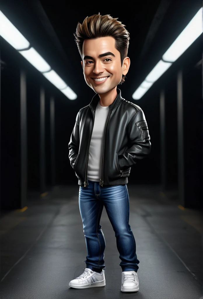 make a caricature image of a man with hair wearing a zipper jacket, jeans and sneakers, dark background with sufficient lighting, 3d 8d caricature image quality