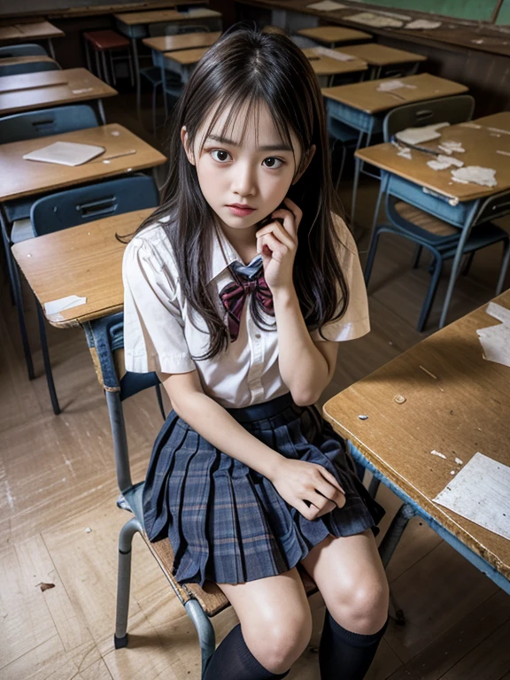 (SONY_a1.SEL50F12GM.Shooting in combination with), (1girl in), Solo, Amazing face and eyes, Serious face, (School uniform, Pleated skirt,:1.3), (Best Quality:1.4), extremely detailed CG unified 8k wallpaper, Highly detailed, High-definition raw color photos, professional photograpy, Realistic portrait, (Closed, Abandoned classrooms, Broken desk, Broken chair:1.5), (Dark classroom:1.3), A scene from a horror movie,