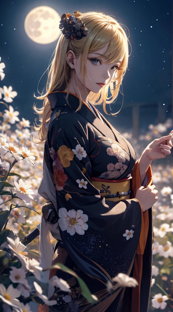 masterpiece, high quality, 4K, Beautiful design, silhouette，blonde， 非常に詳細な夜のStarry Sky,Flower Field， wonderful, Finer details,  Very knowledgeable woman, Highly detailed solo, 1 female,Beautiful Eyes，I like rumors，Big Breasts，red kimono，Night view，Starry Sky，full moon，