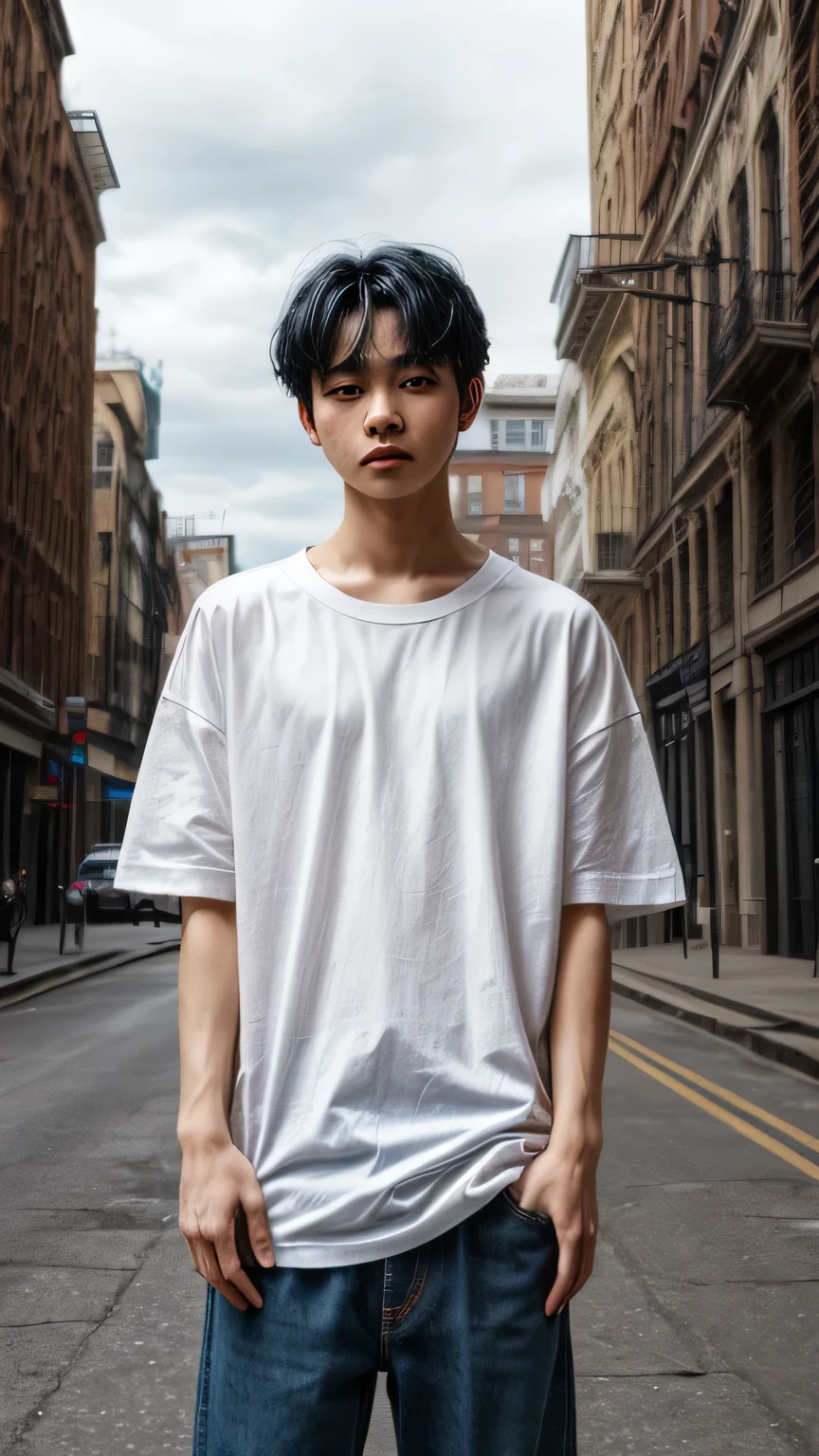 Masterpiece, City, 1boy, Black hair, black eyes, wearing solid black plain oversize T-shirt), standing