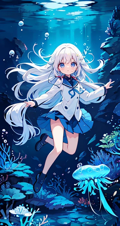 (Peace Fly), (highest quality), Very detailed, 1 girl, Personal full-body photo, Perfect Face, beautiful girl, Very detailed顔，(Long white hair:1.5)，(blue eyes:1.4)，(Flowing Hair:1.4)，(Underwater:1.4)，sink，school fishy，Light，jellyfish，Seaweed，Redfish，fishy，deep sea，Fantasy