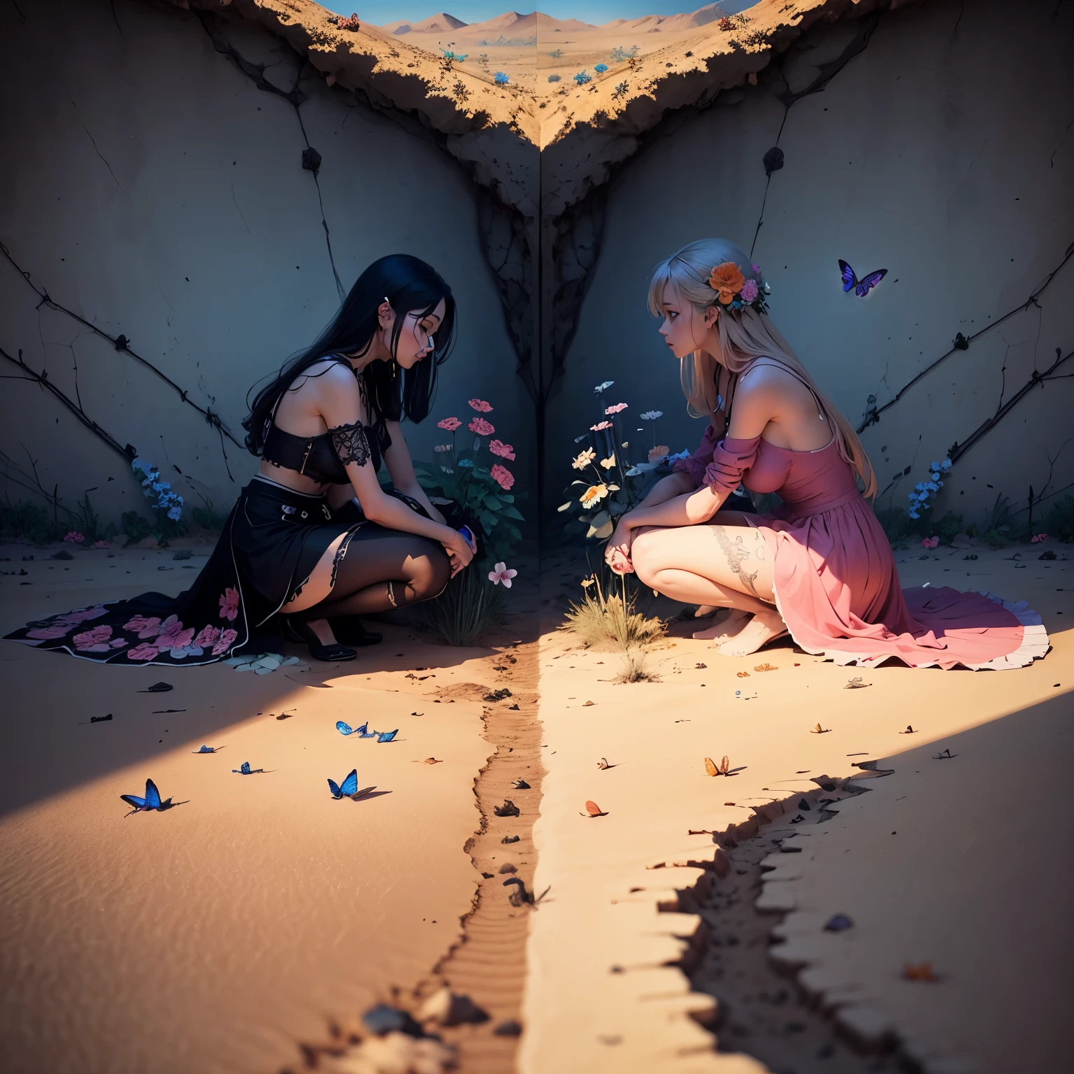 Life vs. Death: Illustrate an image divided in two. The left side features a blooming flower garden in vivid colors with butterflies and birds. The right side presents a barren desert with skeletal remains and dry, cracked earth, contrasting life and death.