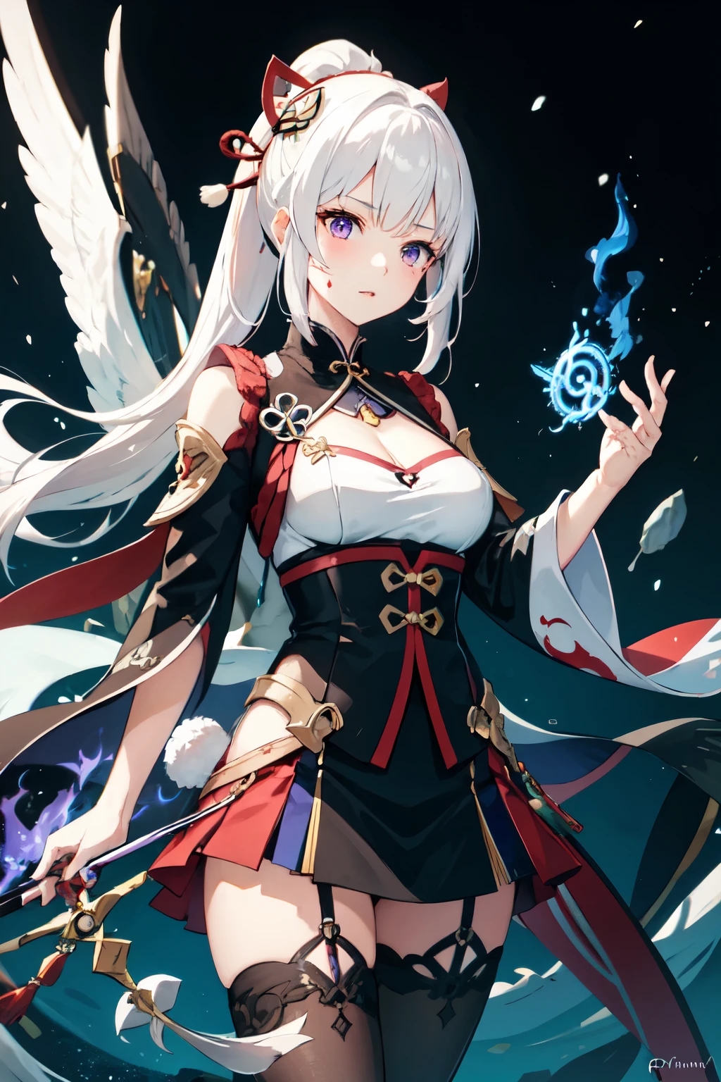 1girl, japanese clothes, ponytail ,white hair, purple eyes, magic circle, blue fire, blue flames, wallpaper, landscape, blood, blood splatter, depth of field, night, light particles, light rays, sidelighting, thighs, fate \(series\), genshin impact, open jacket, skirt, thighhighs, cloud