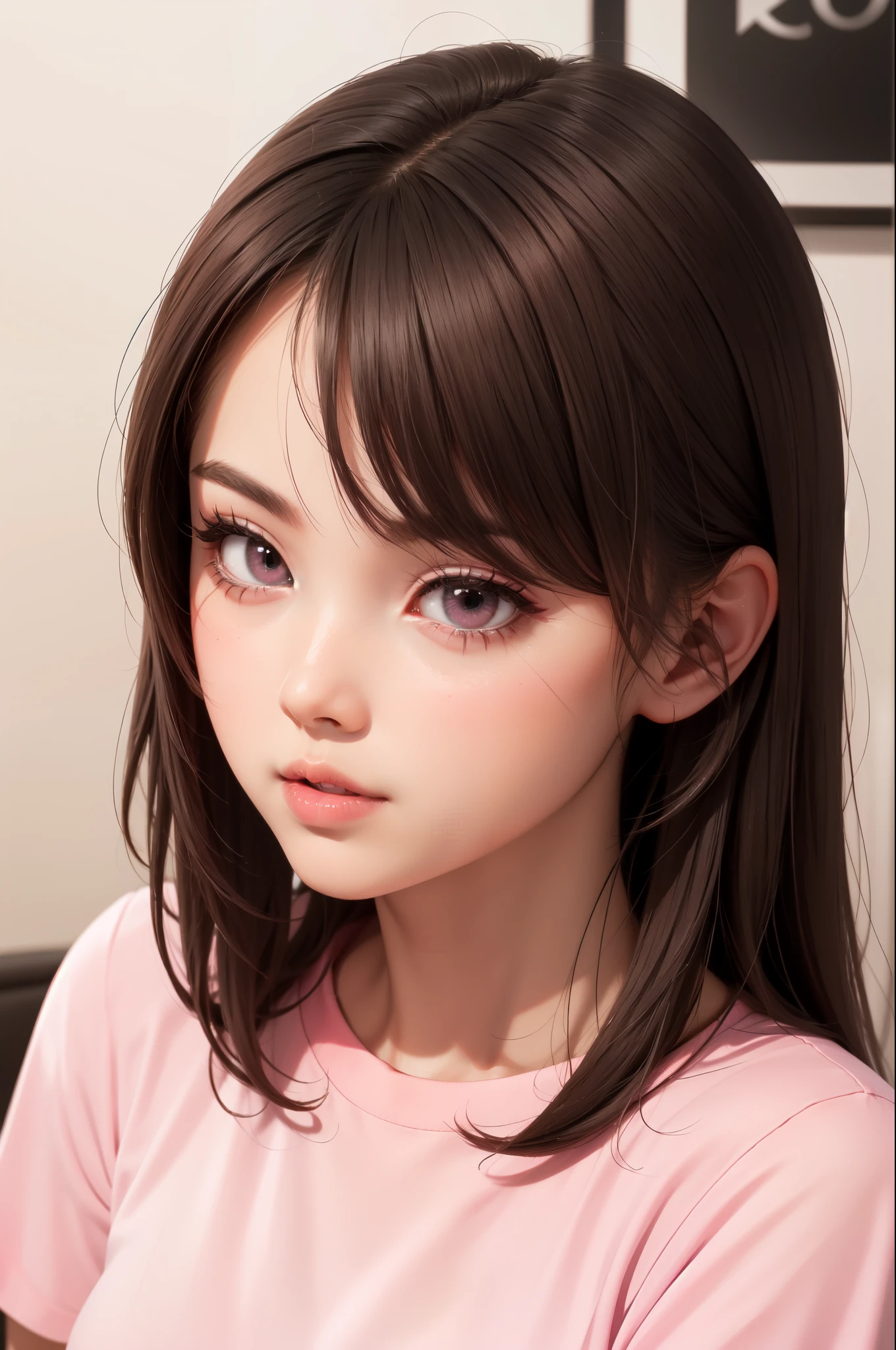 Girl, long straight brown hair, gray eyes, sharp features, white skin, pink lips, cute pink shirt