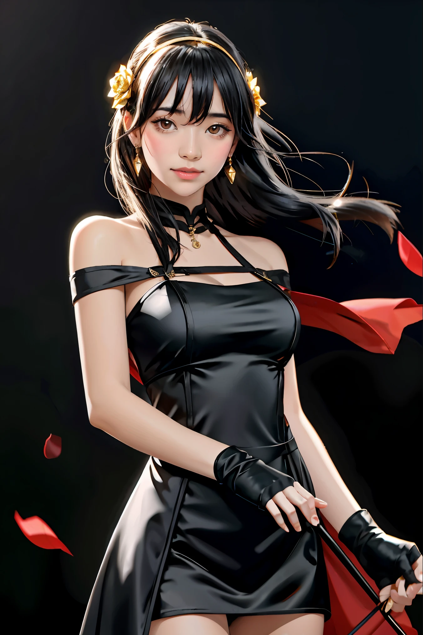 yor briar, (photorealistic), beautiful girl,backlighting, bare shoulders, black background, black dress, black gloves, black hair, breasts, closed mouth, cowboy shot, dress, earrings, expressionless, fingerless gloves, floating hair, gloves, gold earrings, gold hairband, hair flower, hair ornament, hairband, jewelry, large breasts, light particles, long hair, looking at viewer, off-shoulder dress, off shoulder, petals, red eyes, short hair with long locks, sidelocks, solo, spikes, thighs, two-sided dress, two-sided fabric, ((masterpiece))