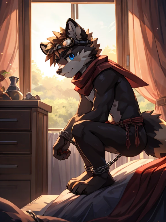 Phenol lighting, Deep Shadow, Dynamic Angle, masterpiece, high quality, Empty, Solitary, young Furry, hairy, young, raccoon dog, Brown spiky hair on the head, red scarf, blue eyes, goggles, Chain harness, Red loincloth, Red cape, masterpiece, Detailed body, Hair all over the body, Delicate face, Delicate eyes, Detailed hands, Skinny, paw, high resolution, Metal cuffs on wrists, Metal cuffs on ankles, No shirt, No underwear,Morning,bedroom, side view, angry