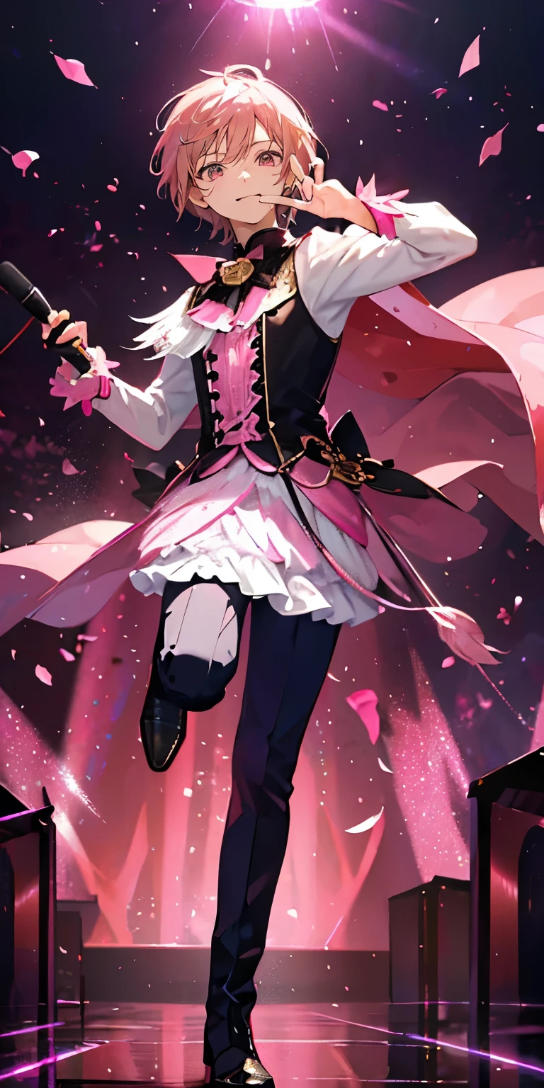 (Mastepiece), (Best Quality), Very detailed, ((1 boy)), Perfect Face, Beautiful Face, Very detailedな顔,((Pink Hair_short hair_Pink Eyes:1.3)),Male solo idol、Gorgeous idol costumes、Costumes with lots of frills、Cape、boots、(pants:1.2)、(Hold the microphone)、stage、Concert Dome、Lots of confetti、(smile:1.4)、(Open your mouth wide)、sing、dance、Wink、Laser light、Spotlight