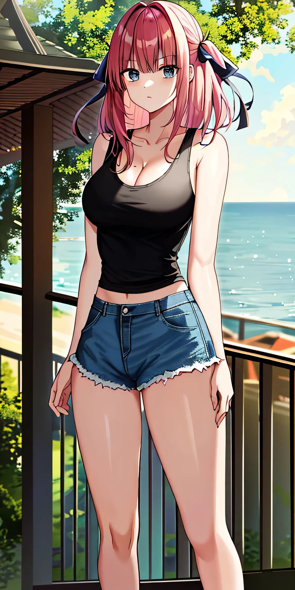 2D、masterpiece、highest quality、High resolution、anime、Very detailed、anime girl、solo、Cowboy Shot、Pink Hair、hair ornaments、Black tank top、very tall woman、Skin tight tank top、Cleavage、Denim shorts、Big Breasts、Very large breasts、Are standing、coastal、Embankment、Expressionless、