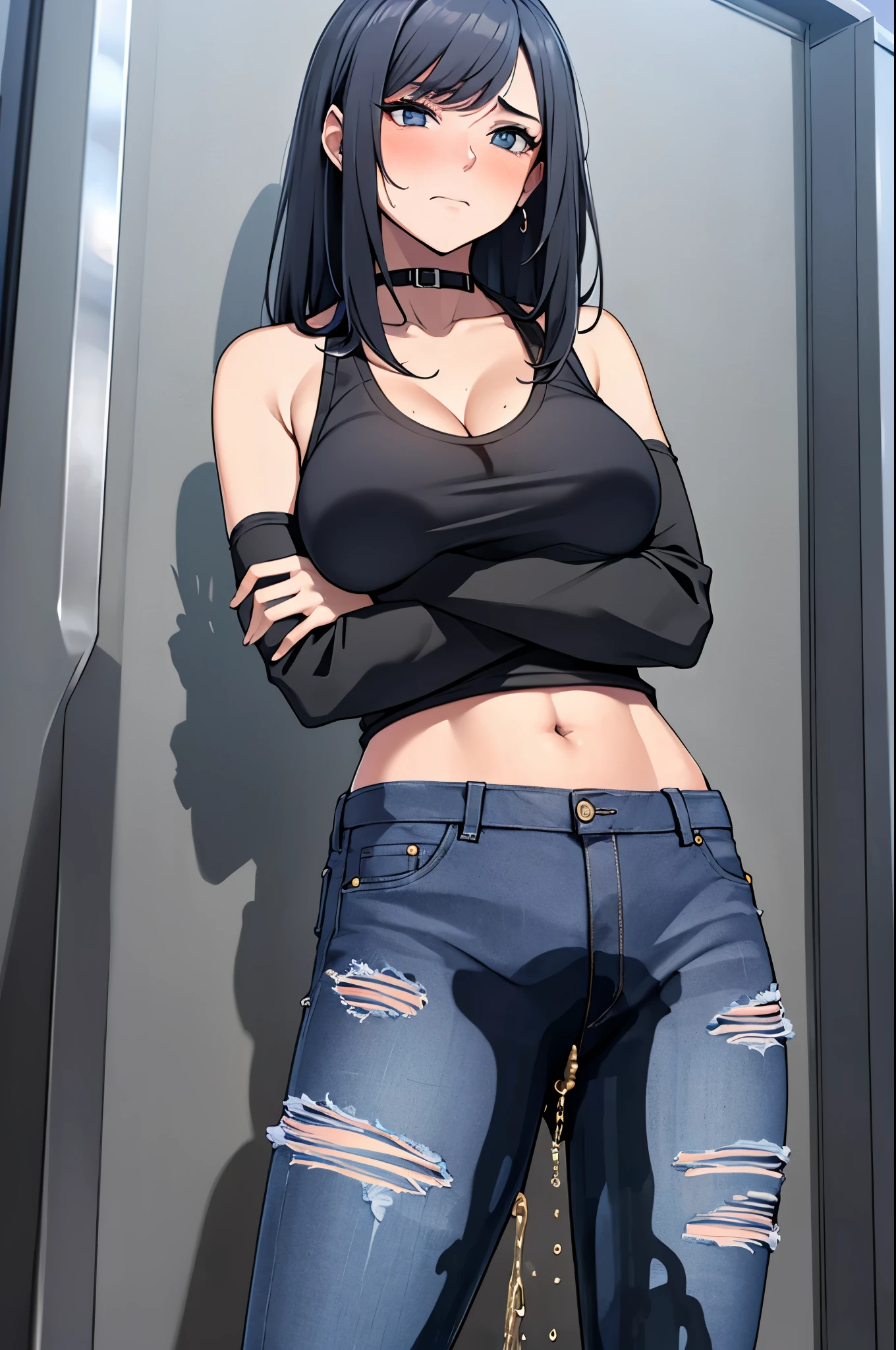 A woman with very long black hair and (very long bangs:1.5), wearing a stylish jacket and tight jeans, (low-rise jeans:1.25), (low-cut jeans:1.25), standing. The artwork is inspired by manga and incorporates a doujin style. The woman appears to be (wetting herself:1.5), which causes her to feel embarrassed and humiliated, resulting in a blush on her face. In addition, there is an air of anger in her expression. The lighting in the scene is moody, with a spotlight highlighting the woman's figure. She is crossing her arms, (arms crossed:1.5), fully showcasing her jeans., large breasts, navel, midriff, (groin:1.5), mound of venus, cleavage