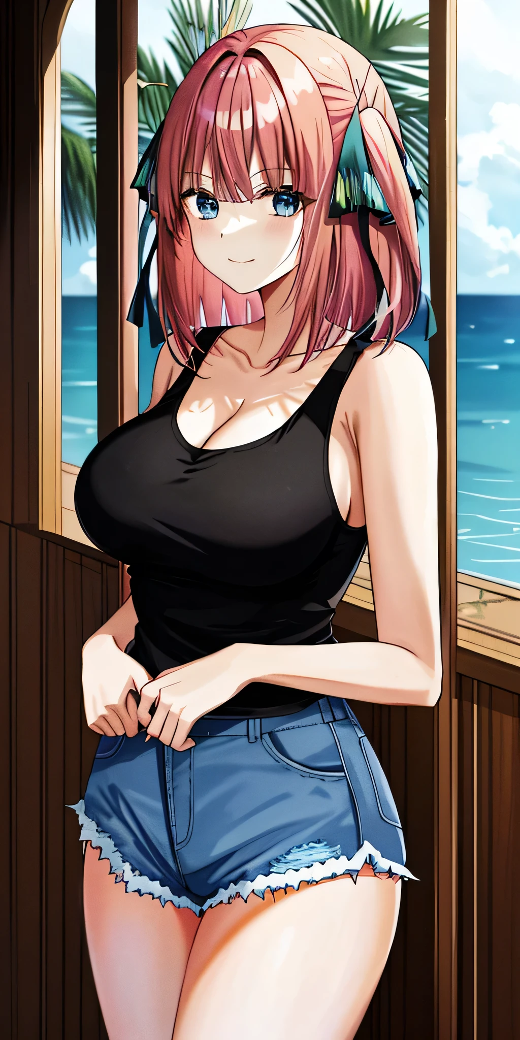 2D、masterpiece、highest quality、High resolution、anime、Very detailed、anime girl、solo、Cowboy Shot、Pink Hair、Butterfly Hair Ornament、Black tank top、very tall woman、Skin tight tank top、Cleavage、Denim shorts、Big Breasts、Very large breasts、Are standing、coastal、Embankment、smile、