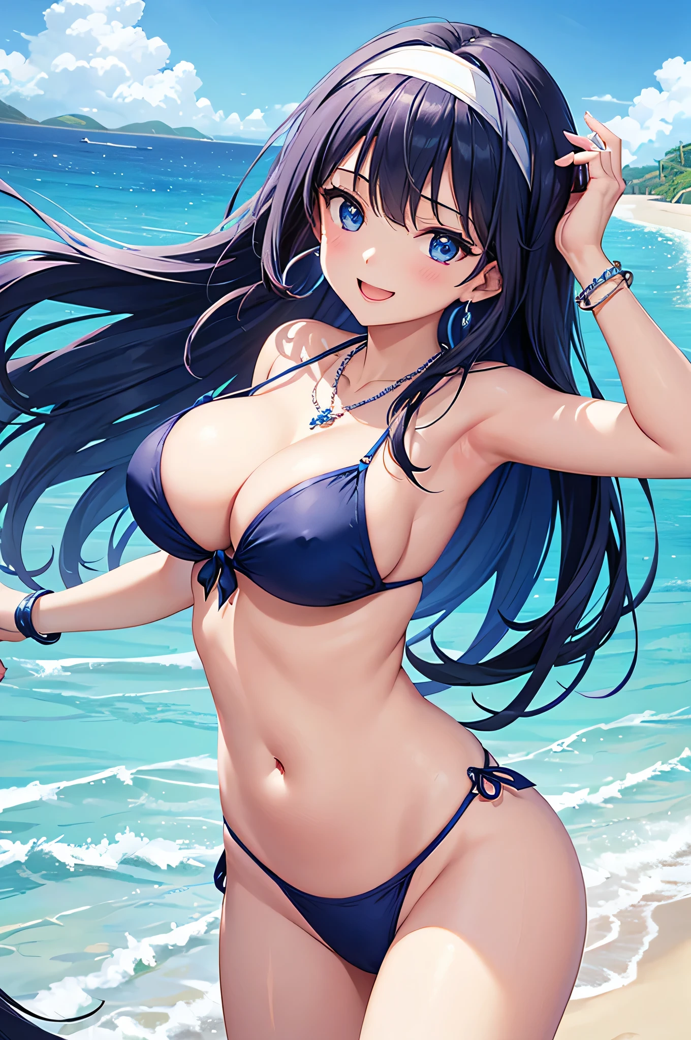 highest quality、highest quality、masterpiece、beautiful girl、Navy blue long hair、blue eyes、Navy blue bikini、Big cleavage、(Big Breasts),smile、Blue Necklace、Blue Earrings、background(Beach)、A dynamic pose、Please open your mouth wide、White headband、Bracelet、Dynamic Angle