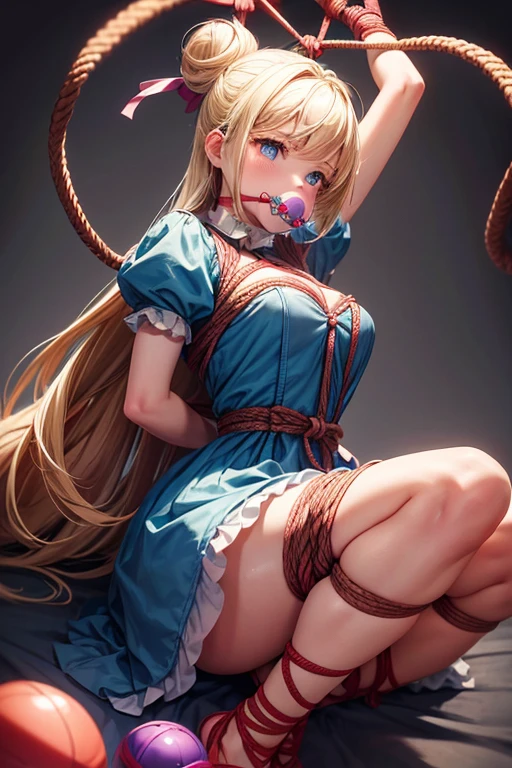 piperBS, blonde hair, hair bun, blue dress, puffy sleeves, short sleeves, pink gloves, fingerless gloves, pink belt, shoes, blue footwear, (((gaggedc with a fine ball gag:1.4))), cute and blushing 18 years old anime girl, look away because she is embarrassed and blushes, bright blue eyes, detailed face, detailed members, detailed arms, Girl lying, tied by ropes, shackled, can no longer move, tied tightly, very hard tied up with lots of ropes, hampered by so many ropes that she can no longer move, bound hands and feet, ropes tie his whole body, tied extremely tightly and forcefully to her bed by a lot of ropes, its limbs are strongly tied together by ropes, his torso is tied up with thick cords, her chest is so tied up with ropes that it sticks out, her legs are tied tightly with thick ropes, his hands are tied behind his back with ropes, she can no longer move her feet, her hands which are tied by thick ropes, she desperately tries to free herself, likes to be tied tight with big ropes, likes to be immobilized by big ropes, lying down, his hands and feet are strongly tied to the railing of his bed, his legs are pressed together and tied with ropes, its limbs are held vigorously by imposing ropes, her hands are tied securely behind her back by ropes, her chest is compressed by strong ropes, she is pressed against her bed and restrained by large ropes, (shibari, arms behind the back:1.4), (hands on the back), (masterpiece, best quality) 1.5, 1girl, solo, (sexy, beautiful woman, perfect face, perfect eyes, perfect hands), samus aran, (hands on the back), Spread the legs, s' ((lie in bed by big ropes)), ((close up of the girl)), ((((lie in bed)))), ((((arms tied behind the back, Legs Tied,La fille est allongée sur le ventre, La fille est allongée sur le sol:1.5)))), ((((girl seen from behind:1.4)))), ((((girl lying down on her stomach:1.4)))), ((((Outstretched arms:1.5)))), ((((Detailed hands:1.5)))), ((((bedroom decor:1.4)))), ((((realistic decor:1.4))))