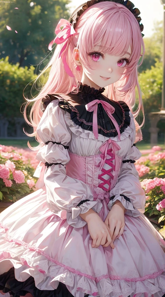 (​master piece),(top-quality:1.2),(perfect anatomy),1 girl,smile,exquisitedetails,Vibrant colors, Soft tones, With warm and gentle lighting,(****ta fashion, Pretty Pink Ribbon, Beautiful frills:1.2),Pink eyes,Garden Girl,The atmosphere is full of happiness and laughter,Combination of digital illustration and photography,soft pastel tones,Create an ethereal atmosphere like a dream,Depth of written boundary, Bokeh,film lighting,Standing in a park full of pink flowers