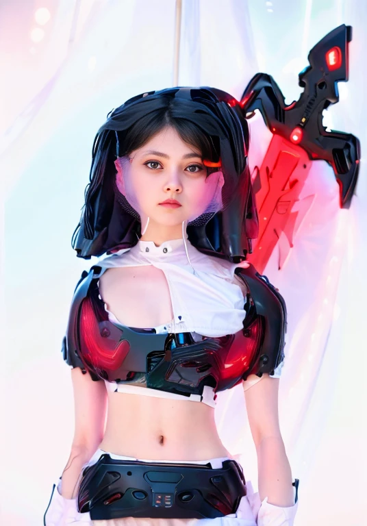 (masterpiece, best quality:1.2), a subject, A beauriful girl with techno fantasy style armour and sword, (technological aggressive design), cyberpunk, 4K, UHD, (Photorealistic:1.4),Ultra high resolution, masterpiece, ultra realistic, ultra nitide, insane details, black armour with red lights, black short hairs, (european)