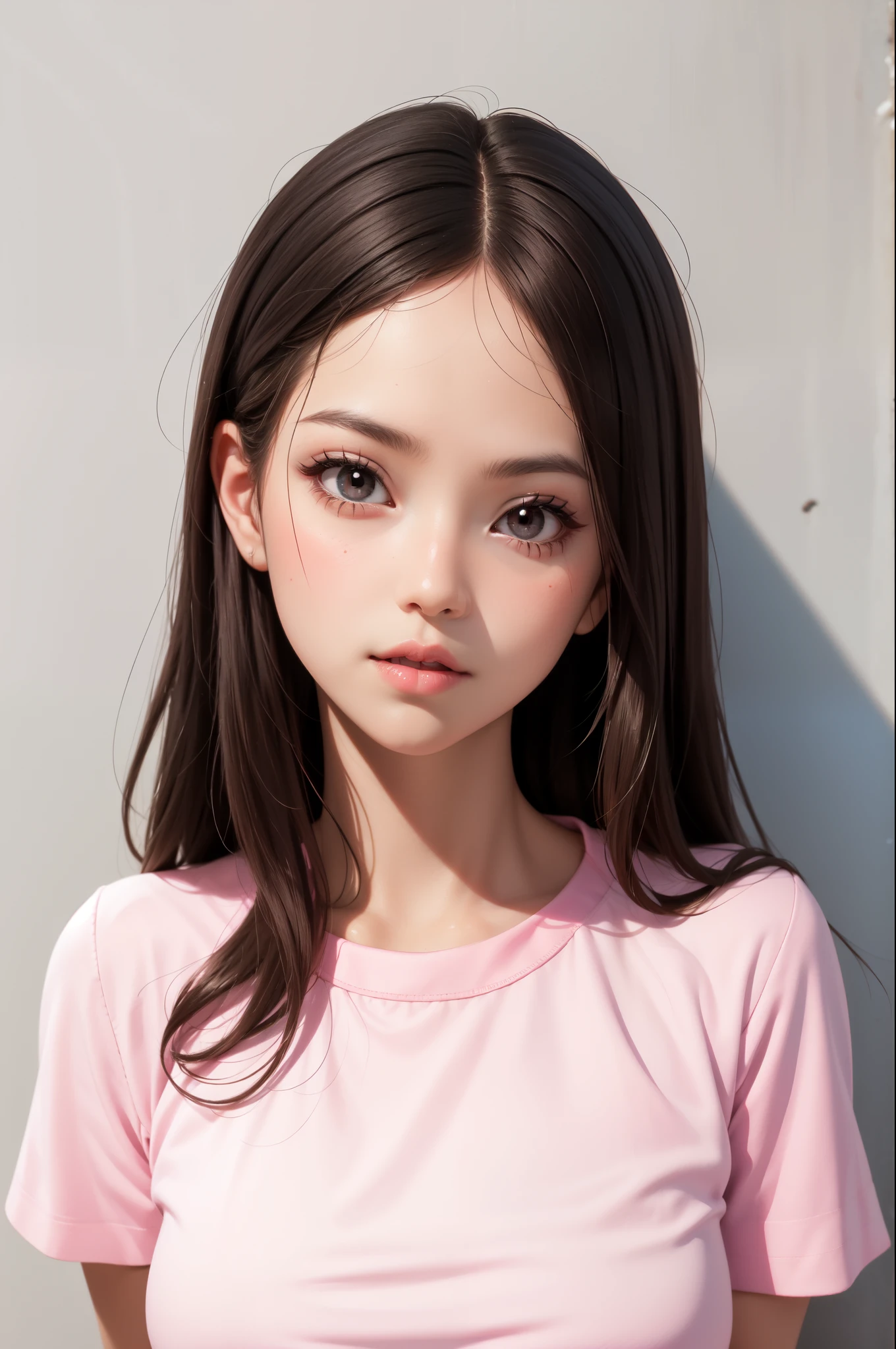 Girl, long straight brown hair, gray eyes, sharp features, white skin, pink lips, cute pink shirt