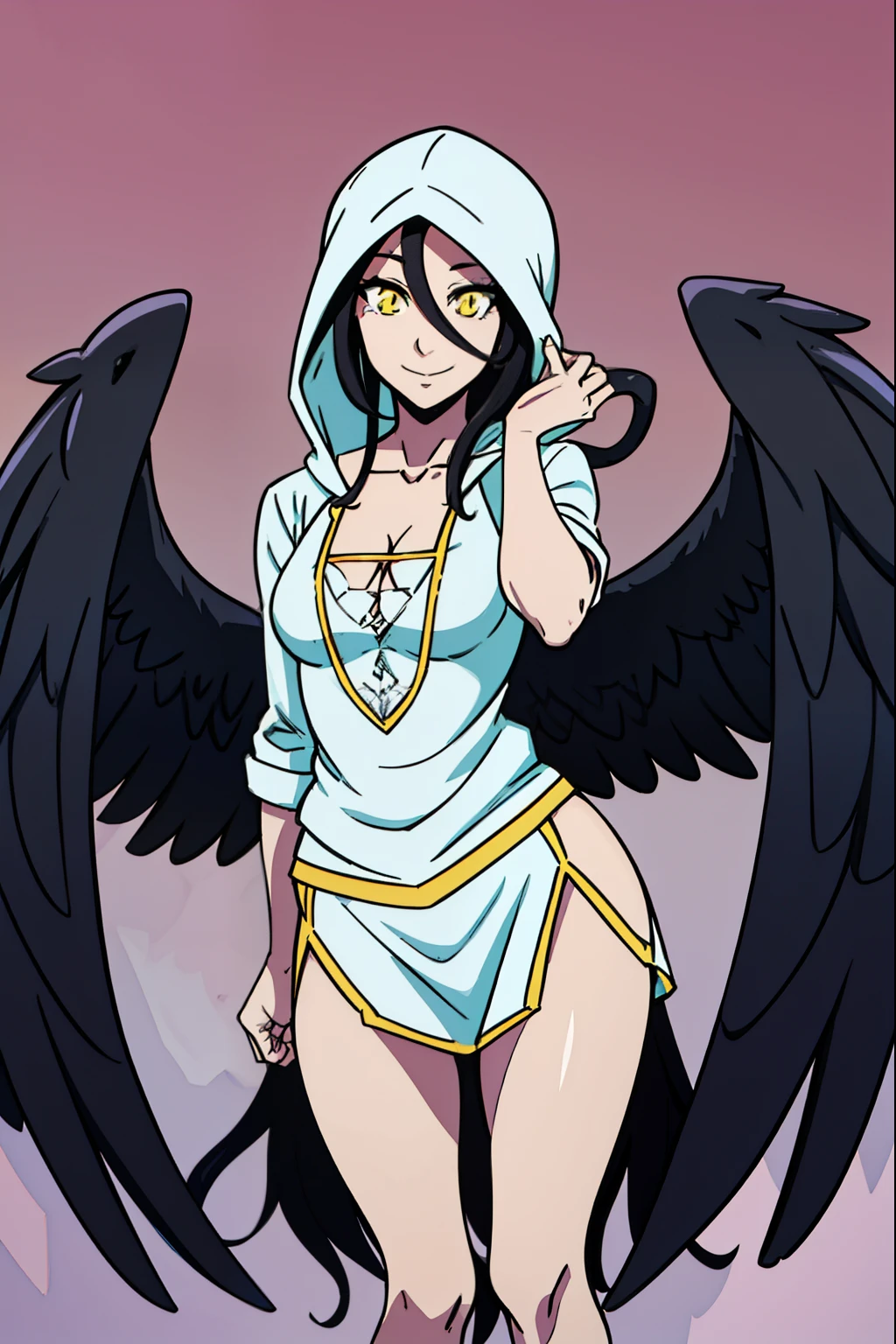 albedo, albedowings, medium breasts, long black hair, yellow eyes, long white hoodie, cleavage, looking at viewer, evil smile, random pose, snake eyes, thick thighs, small breast, detailed eyes