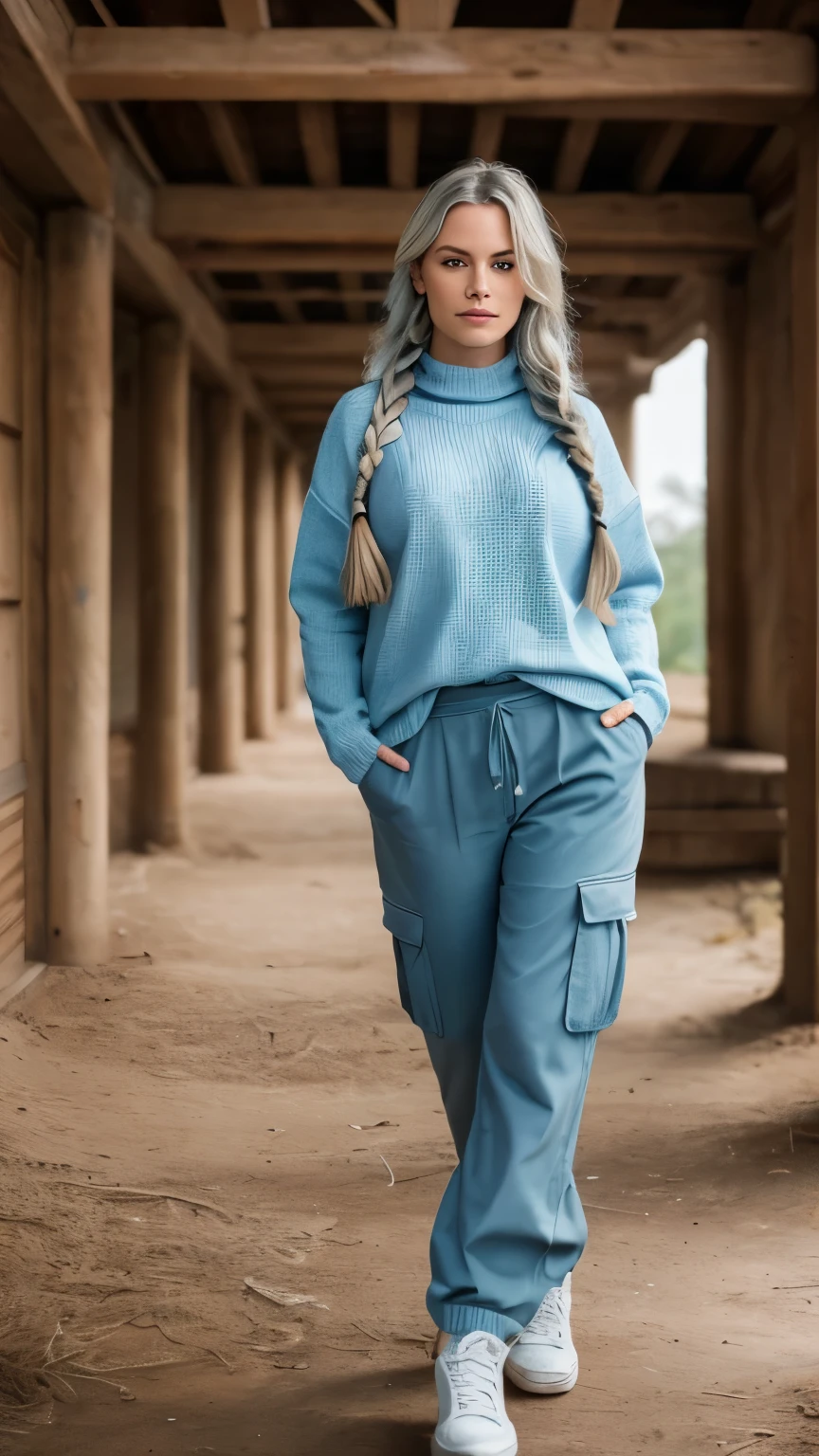 photo of S366_NicoleKopchak with long braided hair ((light blue hair)) ,a stylish woman,in a (lodge-ruin:1.1),big breasts, wearing a (sweater:1.1),(cargo-pants),(braid),(4k, RAW photo, best quality, 35mm, depth of field, ultra high res:1.1),(intricate, photorealistic, cinematic-shot, masterpiece, ultra-detailed:1.1),