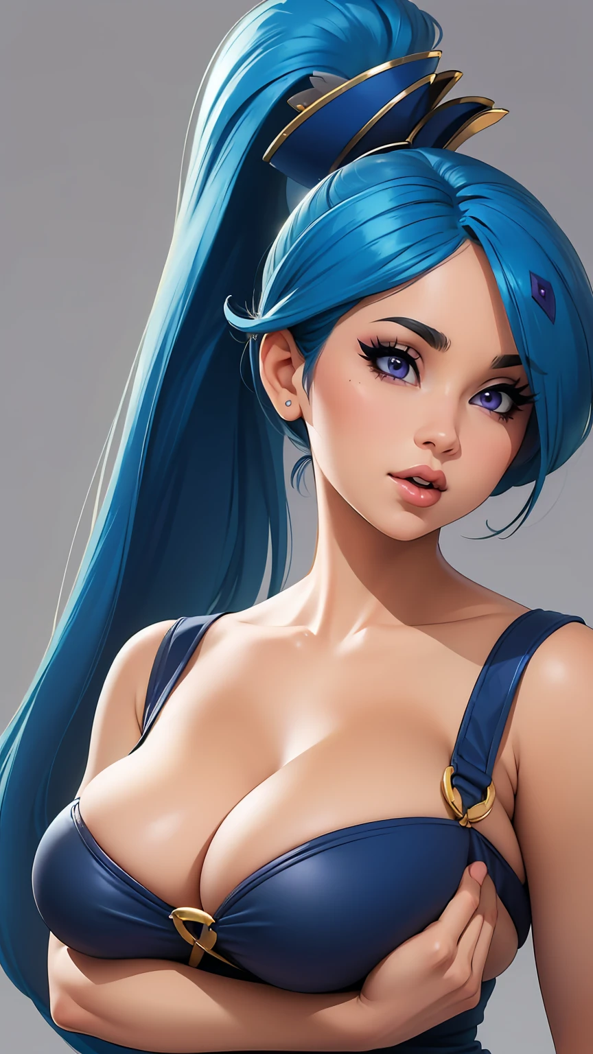 ((masterpiece)), ((best quality)), (detailed), perfect, solo, lana, gorgeous woman with cleavage, luscious lips, long hair, huge breast, deep cleavage, huge breasts, sexy, ponytail, blue hair,