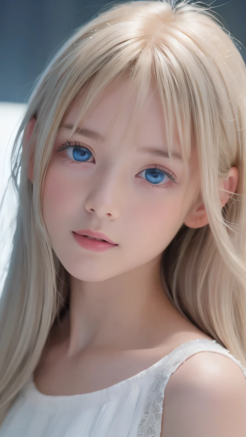 highest quality、8k Masterpiece、Ultra-high resolution、(Realistic:1.3)、RAW Photos、14 year old Scandinavian girl with shiny blonde hair、Silvery blonde hair、Super long straight hair、Bangs between the eyes、Bangs that cover the eyes、片Bangs that cover the eyes、Bangs between the eyes、White and glowing skin、1. Cyberpunk Super Beautiful Soldier、((Ultra-Realistic Details))、Portraiture、Global Illumination、Shadow Realm、Octane Rendering、8k、Ultra Sharp、Metal、Cool colors、、Very intricate detail、Realistic Light、Trends of the CG Association、so beautiful, Big bright blue eyes、Very big eyes、Eyes shining at the camera、Neon Details、Small Face Beauty、Round face、Cheek highlight