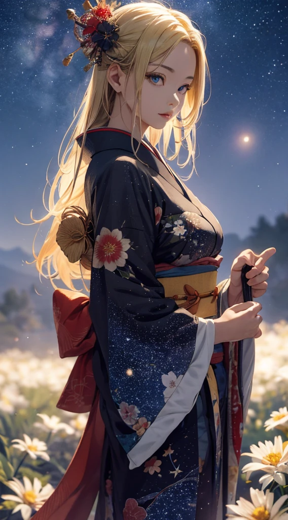 masterpiece, high quality, 4K, Beautiful design, silhouette,blonde, 非常に詳細な夜のStarry Sky,Flower Field, wonderful, Finer details, Very knowledgeable woman, Highly detailed solo, 1 female,Beautiful Eyes,I like rumors,Big Breasts,red kimono,Night view,Starry Sky,milky way,