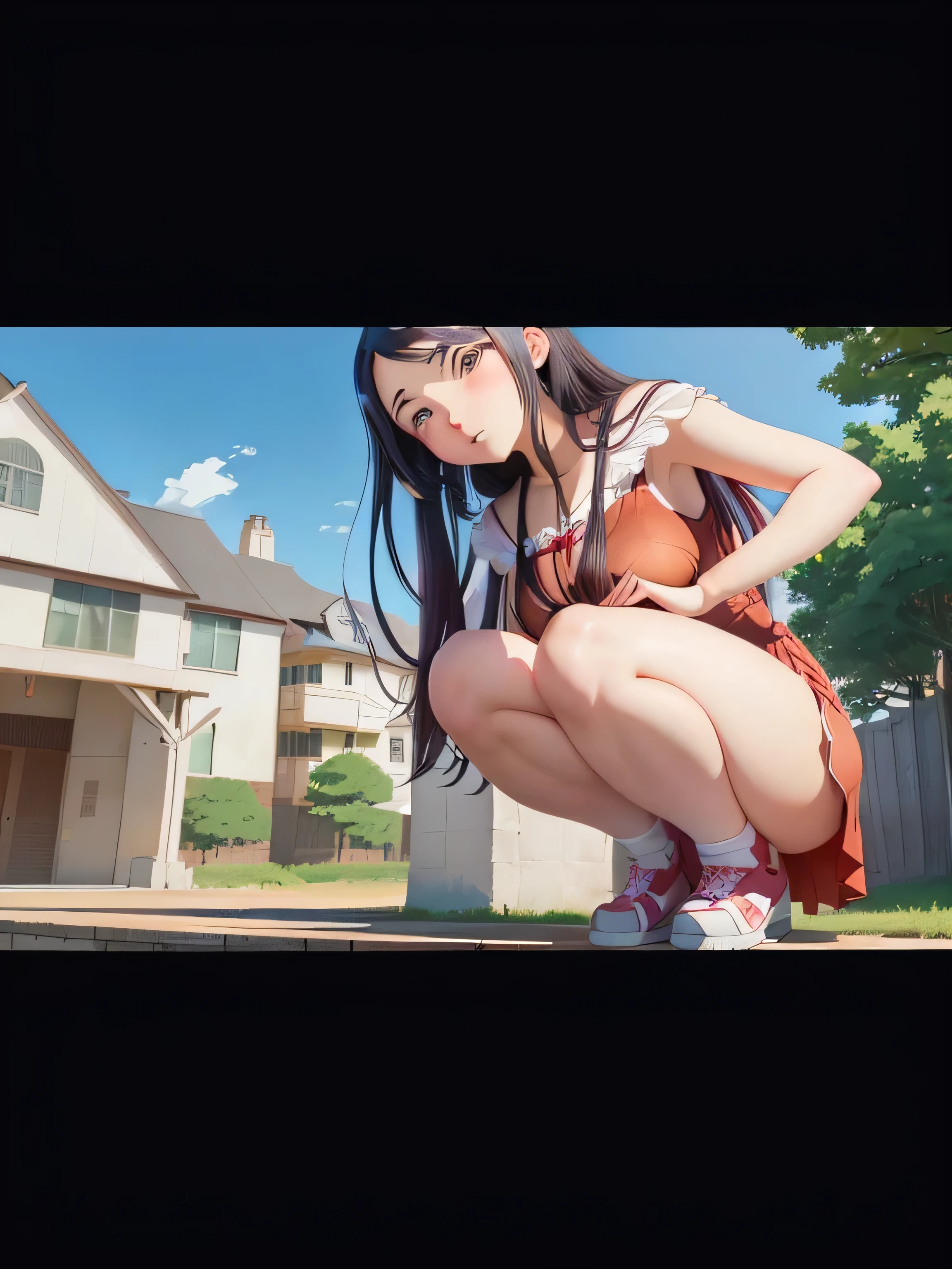 Anime girl in a red dress sits on a bench against a background of blue sky, Beautiful seductive anime , Hinata Hyuga, anime girl squats, seductive anime girl, Nezuko-chan, very detailed shot of the giantess, In an anime masterpiece, Nezuko, beautiful anime girl squatting, the anime is very detailed, Anime style ecchi