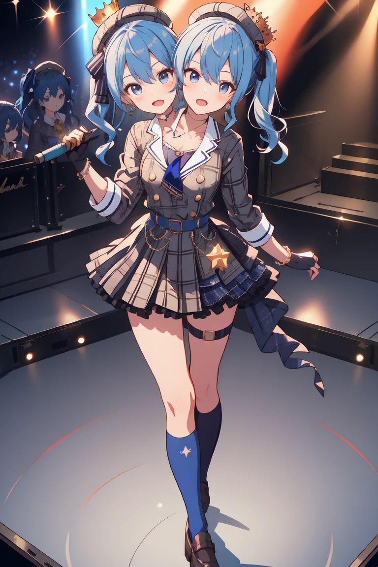 (masterpiece, best quality), best resolution, 16k, (2heads:1.5), full-body, 1girl, solo, HoshimachiSuisei, side ponytail, blue hair ribbon, SuiseiBase, plaid beret, crown, blue star choker, star earrings, blue ascot, plaid jacket, plaid skirt, layered skirt, partially fingerless gloves, star bracelet, uneven legwear, thigh strap, (standing, stand straight), look at viewer, (own hands together, hands above chest, hands put on chest), ((cheek-to-cheek)), singing, open mouth, stable, concert stage, starfield, spotlight