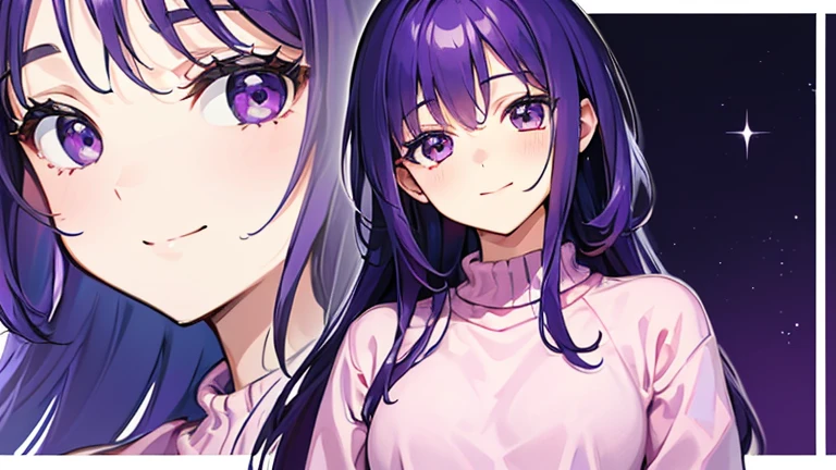 (T masterpiece,4k wallpaper,highest quality))、((girl1people々))、(一peopleで)、wonderful,(Purple Hair)、(Shortcuts:1.3)、Face close-up、smile、Bedroom、night、sweater