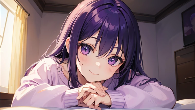 (T masterpiece,4k wallpaper,highest quality))、((girl1people々))、(一peopleで)、wonderful,(Purple Hair)、(Shortcuts:1.3)、Face close-up、smile、Bedroom、night、sweater