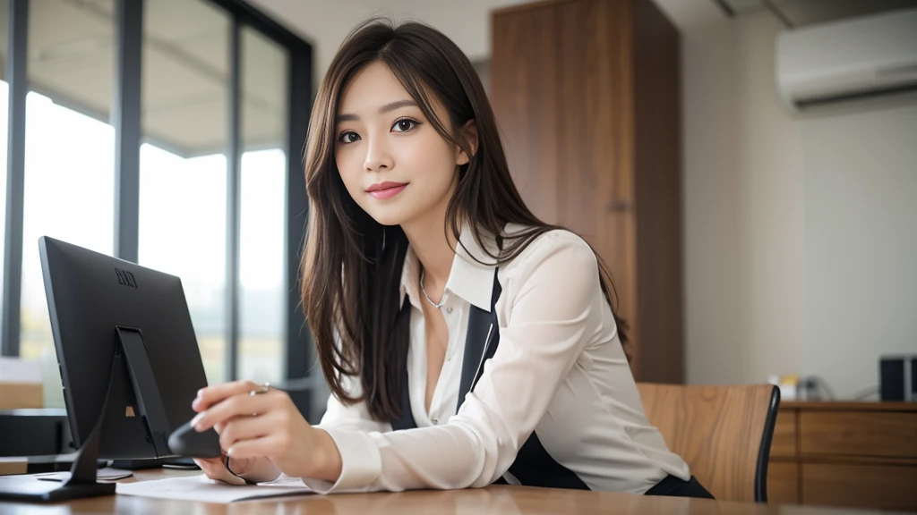 Tabletop、highest quality、Genuine、Very detailed、finely、High resolution、8k wallpaper、One beautiful woman、、Light brown messy hair、Wear a business suit、Sharp focus、Perfect dynamic composition、Beautiful fine details、Thinning hair、詳細なGenuineな肌の質感、smile、Model Body Type、It is explained here、office、looking at the camera、Rin々Standing