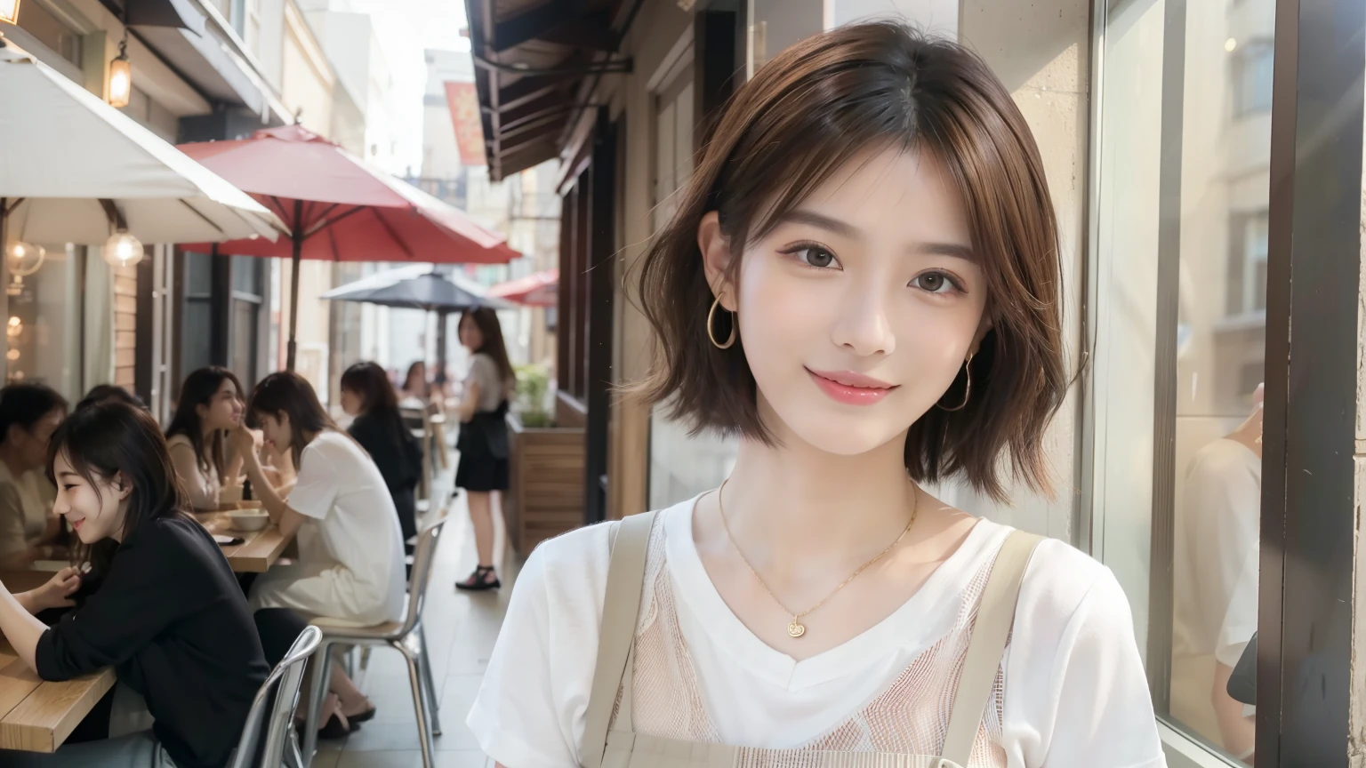 super high quality, Short Hair, Slender, Gravure photoshoot, The staff is working at the counter in the back., (8k、RAW Photos、highest quality、masterpiece:1.2), Japanese Idol, Shaggy, Stylish café, The cafe is crowded with people enjoying themselves., (Realistic、Photorealistic:1.37), Mesh Hair, Urban Cafe, Golden Ratio, Raw photo, Cute face , Light Brown Hair, Earrings, Small breasts, Bright cafe interior, Beauty salon model, Spring Clothes, necklace, Spoiled, Cafe Terrace, Open Cafe, Smile, Hair blowing in the wind, Neat clothes, T-Shirts, 18-year-old, younger sister,