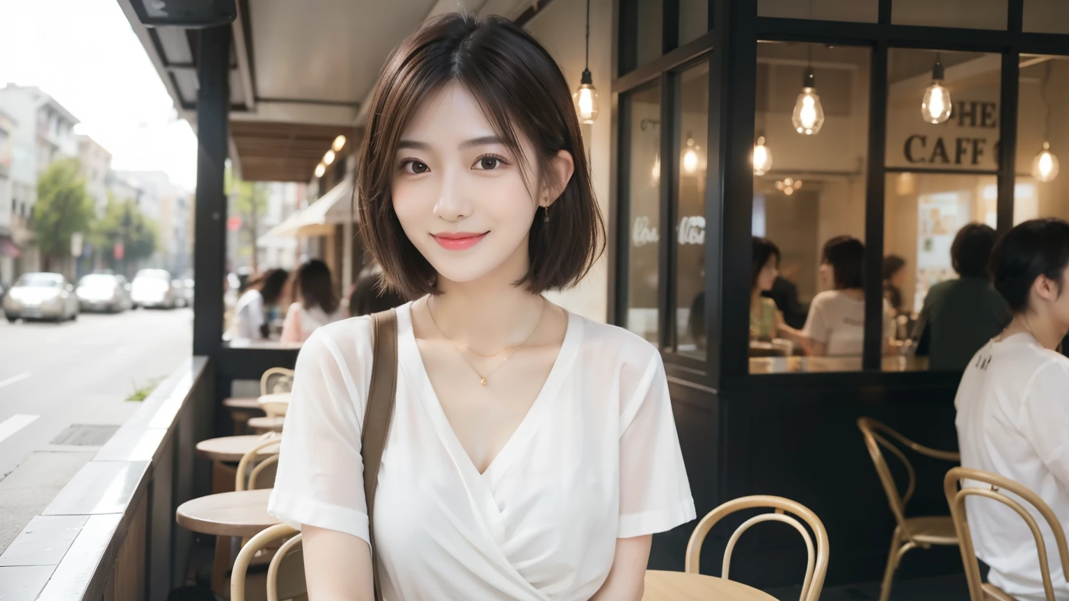 super high quality, Short Hair, Slender, Gravure photoshoot, The staff is working at the counter in the back., (8k、RAW Photos、highest quality、masterpiece:1.2), Japanese Idol, Shaggy, Stylish café, The cafe is crowded with people enjoying themselves., (Realistic、Photorealistic:1.37), Mesh Hair, Urban Cafe, Golden Ratio, Raw photo, Cute face , Light Brown Hair, Earrings, Small breasts, Bright cafe interior, Beauty salon model, Spring Clothes, necklace, Spoiled, Cafe Terrace, Open Cafe, Smile, Hair blowing in the wind, Neat clothes, T-Shirts, 18-year-old, younger sister,