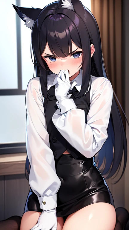 18-year-old boy,cute,Wear a white long-sleeved shirt and a black work tie,wearing black trousers,Wear black shoes,Wear white gloves,Black eyes,Black hair,High and cold,Disdain,Proud,blush,Very sexy pose,Angry,Biting the gloves,very thin legs,Wearing cat ears,Very thin waist,Close-up photo