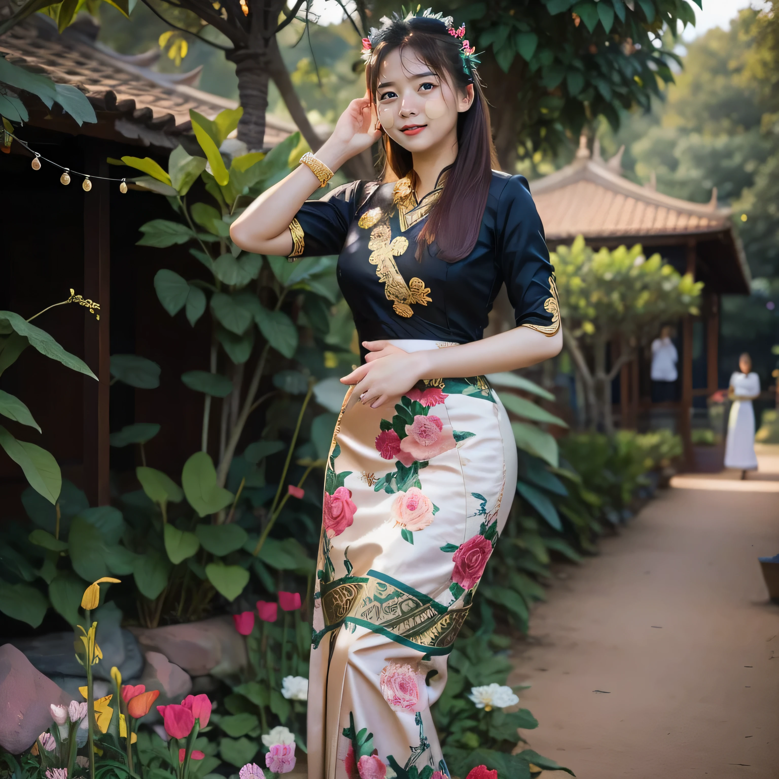 there is a woman standing in a garden with flowers and a phone, sukhothai costume, in the evening, mid shot portrait, traditional beauty, beautiful woman, in style of thawan duchanee, in garden, gorgeous lady, cute woman, full body cute young lady, a young asian woman, asian woman, wearing an elegant tribal outfit, gorgeous woman. India 