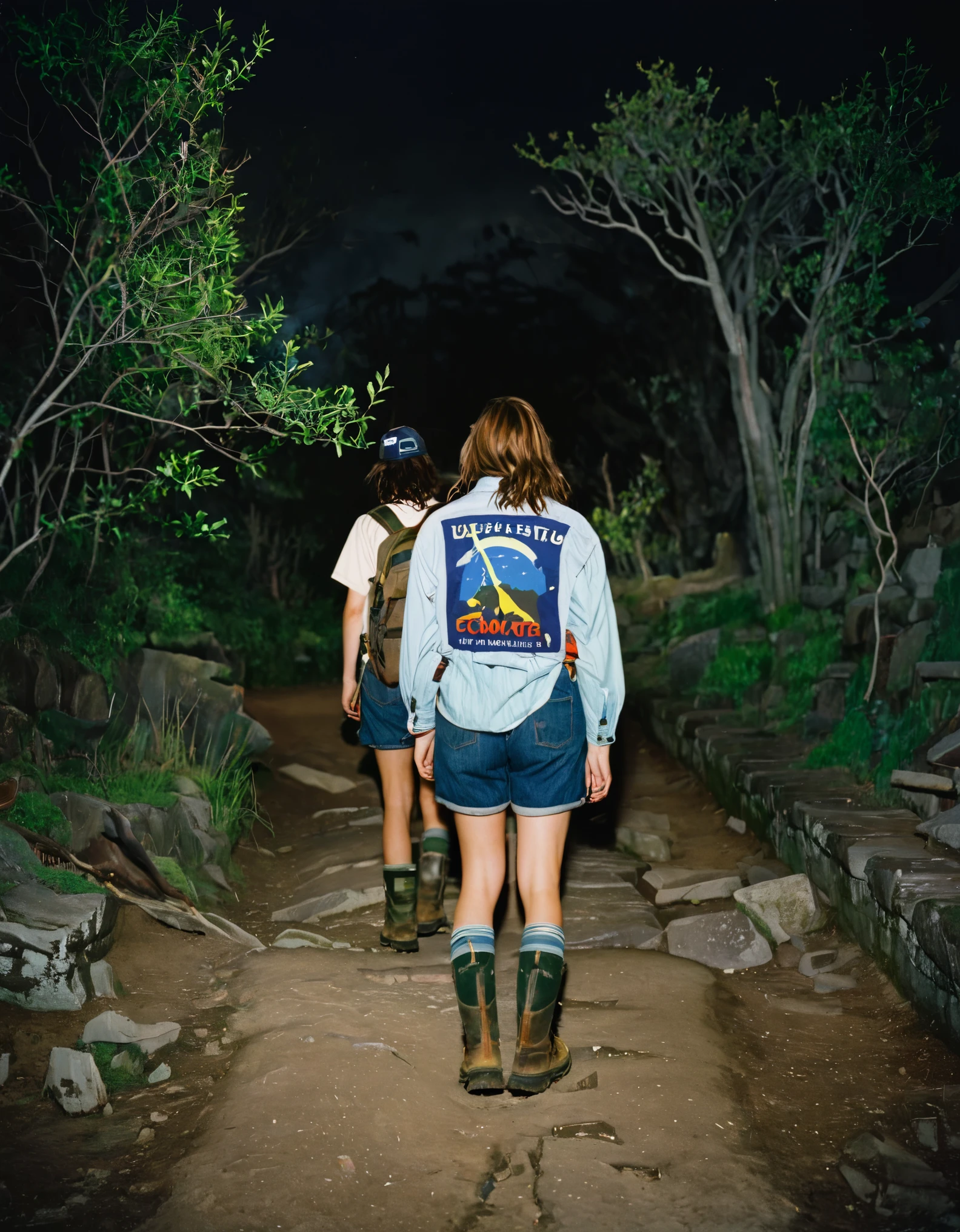 35mm, Fuji Superia 1600, ISO-1600, f/5.6, photograph, eerie atmosphere, night time. The image features a view from behind of a middle-aged man wearing old explorer clothes walking alongside a teenage girl, wearing jeans shorts, a shirt, and camping boots, on a forest path through the ruins of an ancient city.
