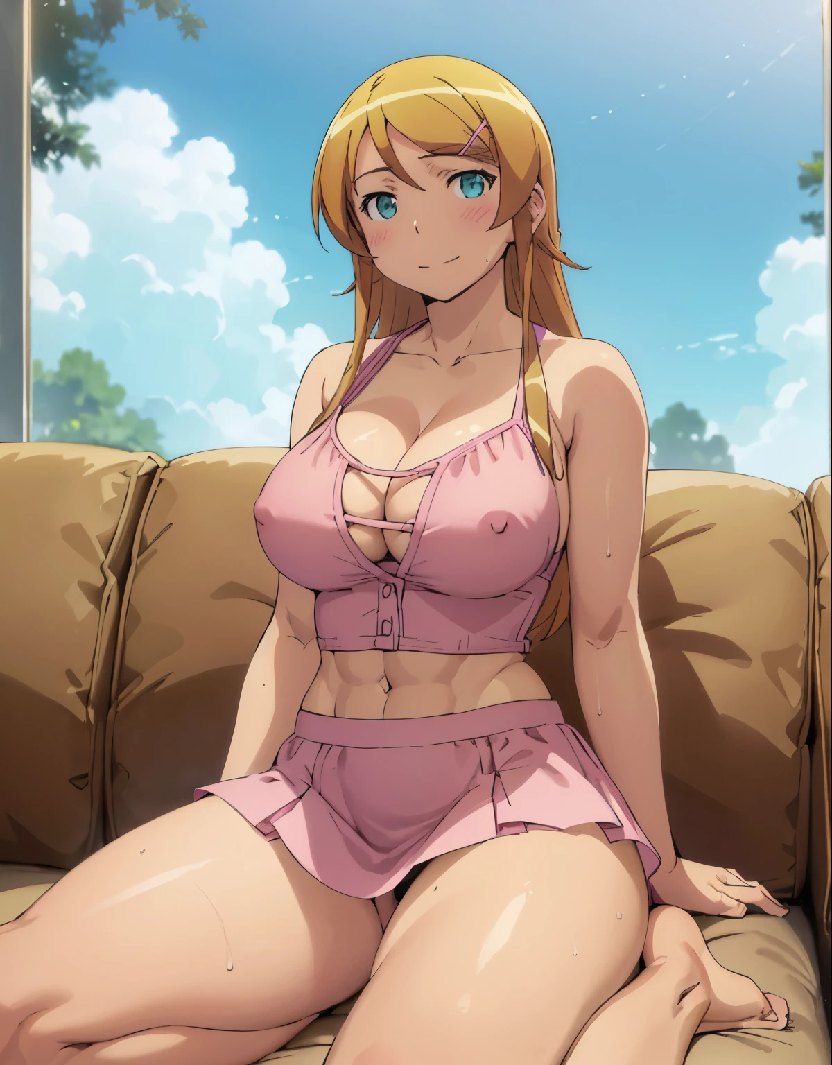 (best quality, highres, masterpiece:1.2), ultra-detailed, realistic:1.37, sketches, kirino, def1, mature woman, full body, curvy, visible thighs, chubby thighs, thick thighs, thighs in the foreground, body shape, curious look,smile, encanto femenino, downblouse, nsfw, huge breasts, massive breasts, cleavage, sexy abs, arched back, wet clothing, nipples, pink camasole, skirt