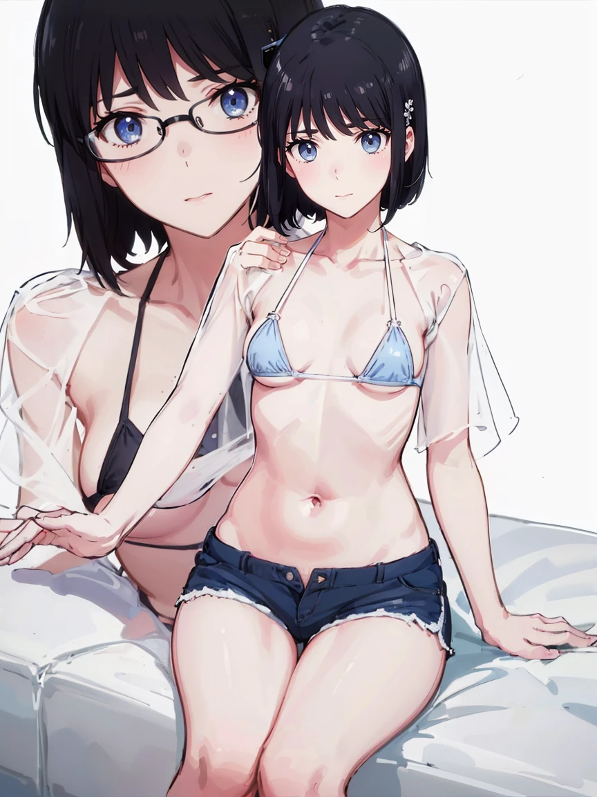 Black Hair、((Glasses、Glasses Girl))、woman,Full body photo, ((white background. Sitting on the white bed in a love hotel))) Best image quality, high quality, The background is clear,きれいなwoman, Japanese, detailed, detailed eyes, detailed skin, Beautiful Skin, 超High resolution, (reality: 1.4),とても美しいwoman, A little younger face, Beautiful Skin, thin, (Ultra-photorealism), (High resolution), (8k), (非常にdetailed) (Beautiful and detailed eyes), (非常にdetailed), (detailed face), Displaying the viewer, Fine details, detailed face, Staring straight ahead, Staring straight ahead, Photo Real, Baby Face,Hairstyle: short hair,Blonde、smile,(((Floating loose bikini ,breasts out,belly button、Shorts、)))(Flat chested,)(((flat chests,)))(Washing vegetables,))hair over one eye, from below, (((sitting、)))