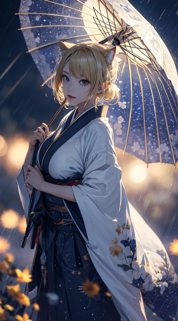 masterpiece, high quality, 4K, Beautiful design, silhouette,blonde, 非常に詳細な夜のStarry Sky,Flower Field, wonderful, Finer details, Very knowledgeable woman, Highly detailed solo, 1 female,Cat ear,Big Breasts,White kimono,Japanese Umbrella,rain,Night view,Starry Sky,full moon,