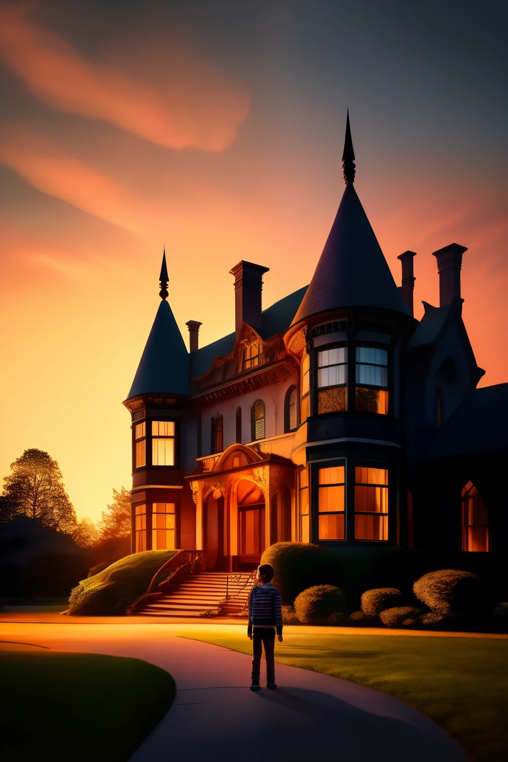 In the waning light of a resplendent sunset, an antiquated yet regal mansion stands somberly amidst the lingering shadows of twilight trees. The once grand windows, now shattered, bestow an aura of enigma and desolation upon the dwelling. At the mansion's foot, a 10-year-old boy named Lucas lingers, his diminutive form illuminated by the warm, radiant beam of a flashlight he holds. Lucas stands roughly 1.40 meters tall, his short, wavy light brown hair crowned with freckles that dot his fair complexion. His bright, inquisitive brown eyes sparkle with