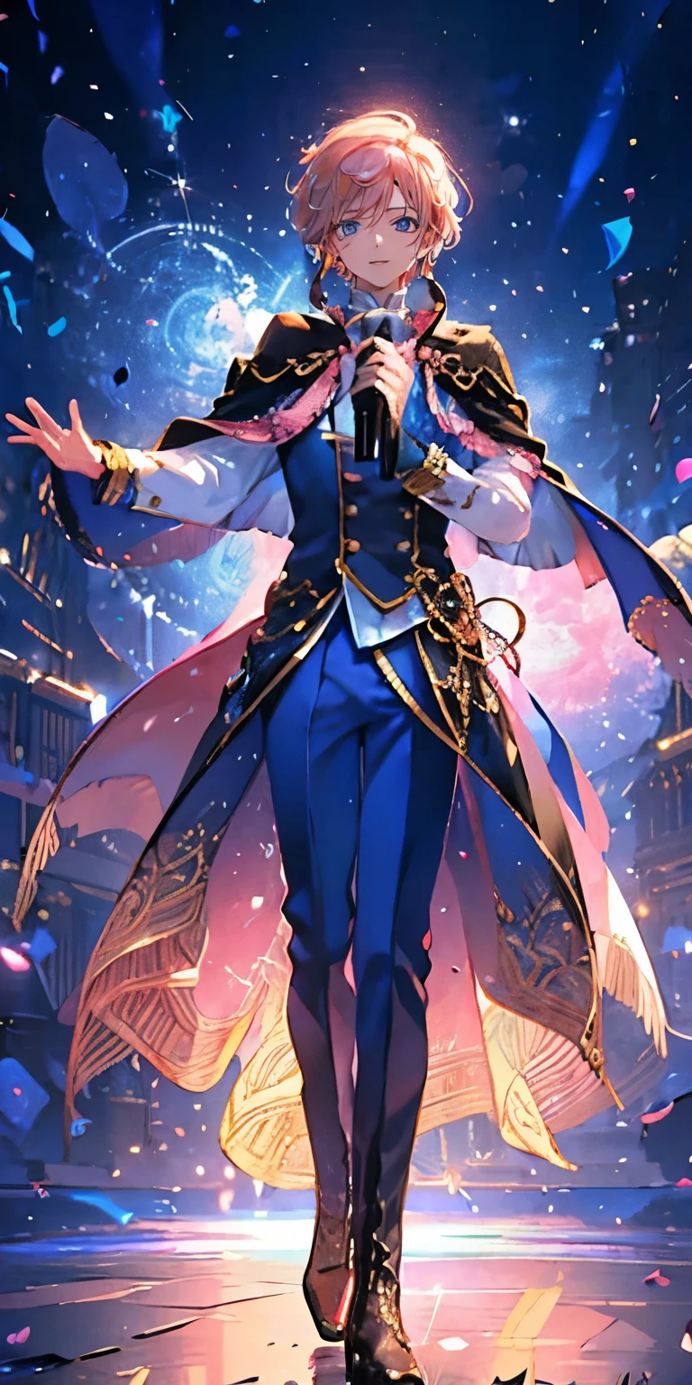 (Mastepiece), (Best Quality), Very detailed, ((1 boy)), Perfect Face, Beautiful Face, Very detailedな顔,((Pink Hair_short hair_Blue Eyes:1.3)),Male solo idol、Gorgeous idol costumes、Costumes with lots of frills、Cape、boots、(pants:1.2)、(Hold the microphone)、stage、Concert Dome、Lots of confetti、(smile:1.4)、(Open your mouth wide)、sing、dance、Wink、Laser light、Spotlight