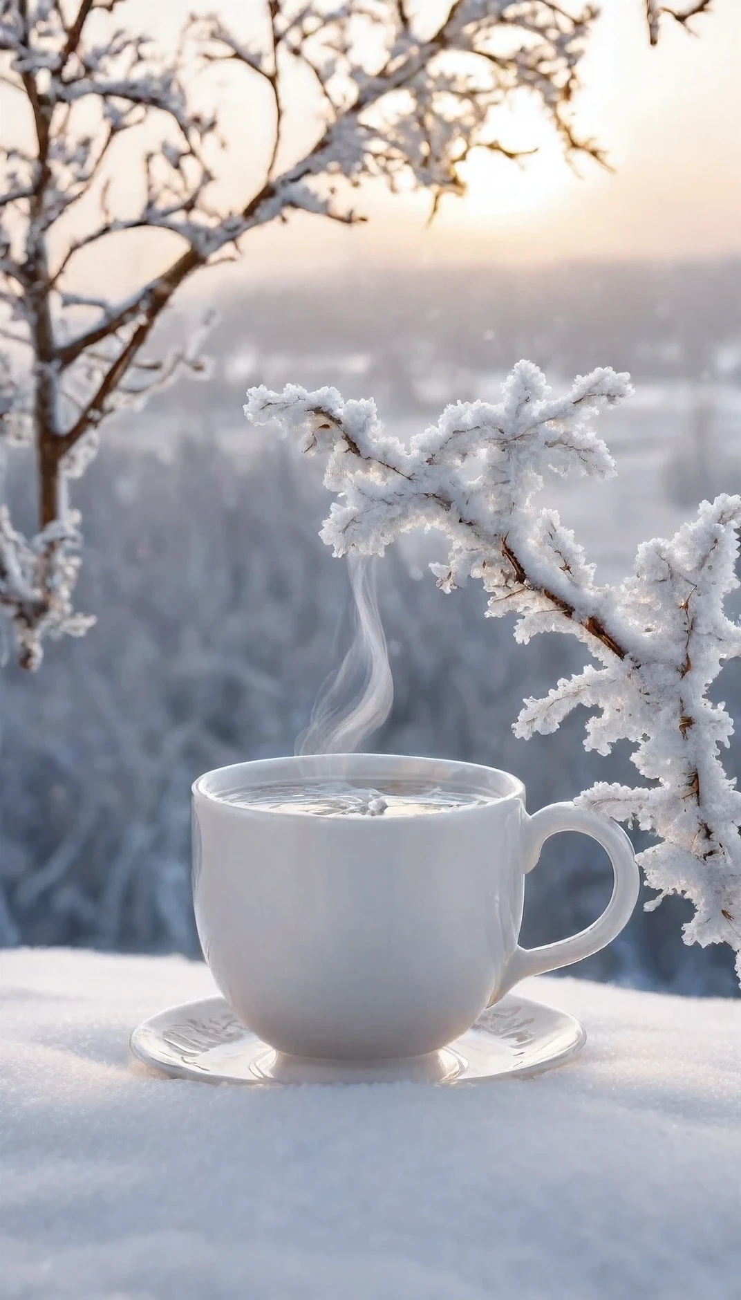 A cup of hot tea, Snow, Porcelain tea cup, Swirling steam, Delicate tea, Frost covered winter landscape, Comfortable atmosphere, Fine porcelain, Beautiful winter landscape, Soft candlelight, quiet moment, Steam coming out of the cup, Snow-capped branches, Light snow, Winter Wonderland