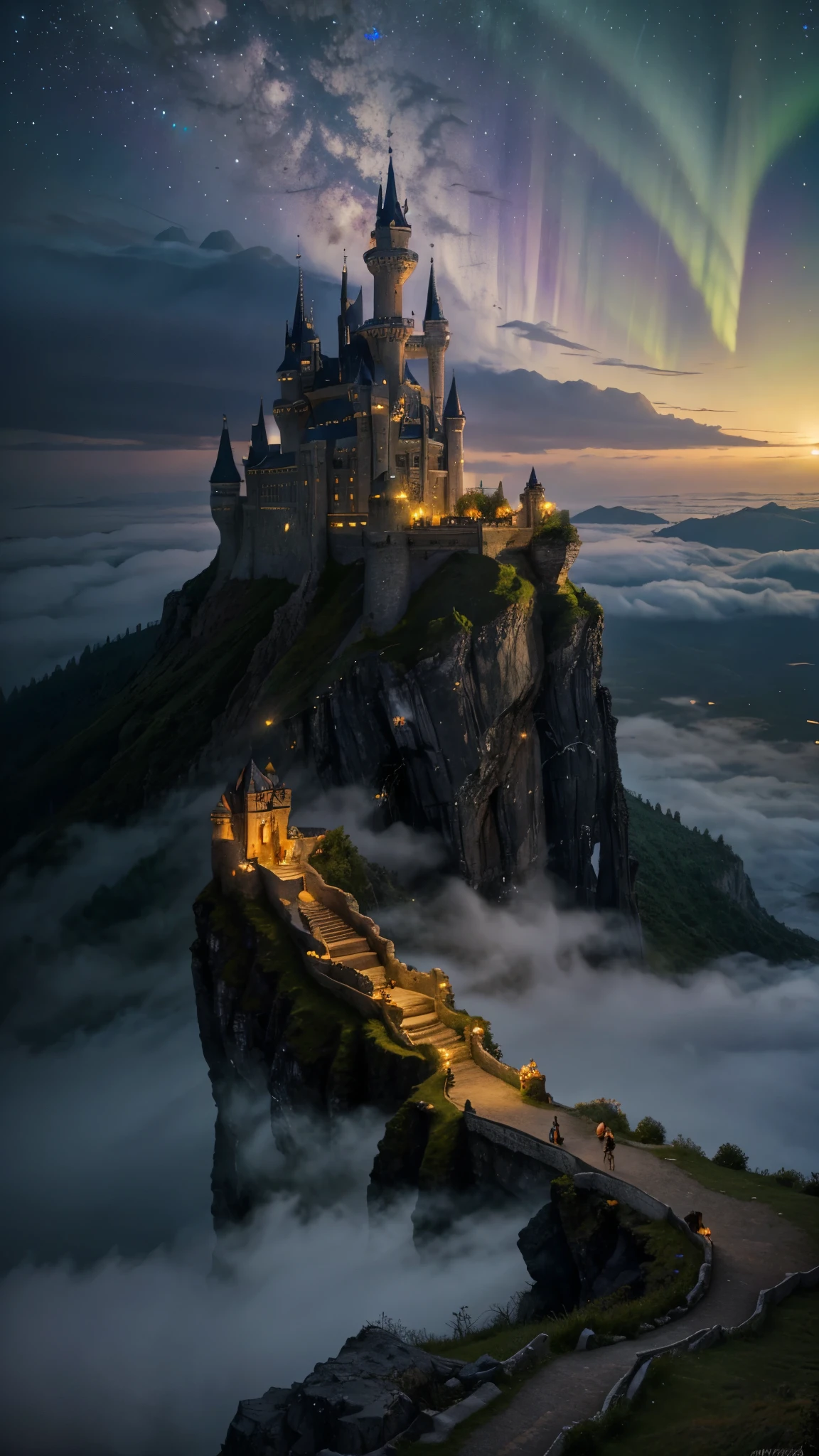 Fantasy Castle on a Cliff": A grand, fairy-tale castle perched on a cliff, surrounded by a mystical fog, with dragons flying in the background and a magical sky filled with stars and auroras.