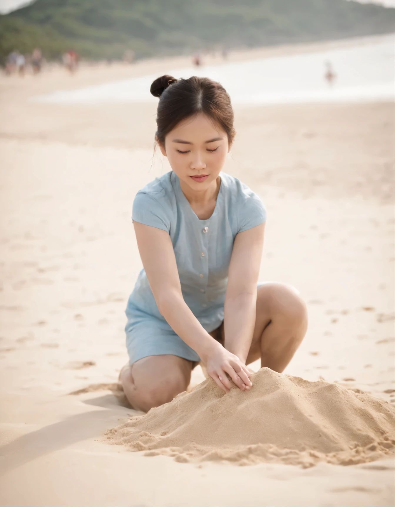 Korean Mother beautiful playing sand on the beach, realistic photo, close-up, 50mm, Canon, no watermark, strong expression, highly realistic, natural style