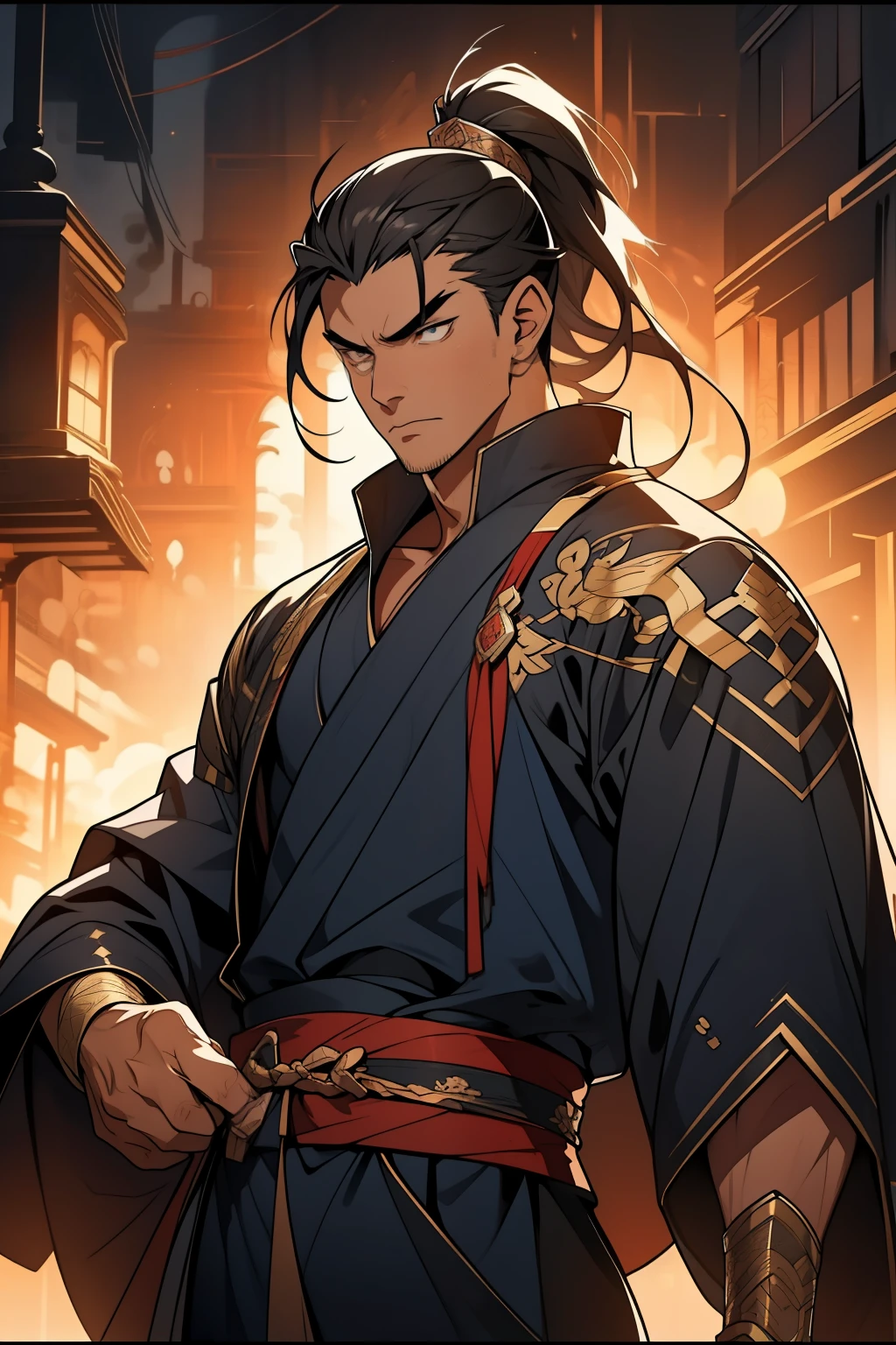 A highly detailed and intricately designed male swordsman, adorned with a Hanafuda crane motif. His stubble-covered jawline contrasts with his clean-shaven head, adding a masculine touch. With thick eyebrows and a matured, beefy physique, his intense gaze is focused on the sword in his hand. His hyper-detailed eyes are piercing, filled with a sense of focus and determination.
His clothing is open at the chest, revealing his hyper pecs and muscular torso. His swordsman's uniform is of the highest quality, detailed to the last stitch. The crane motif is visible not only on his uniform but also etched