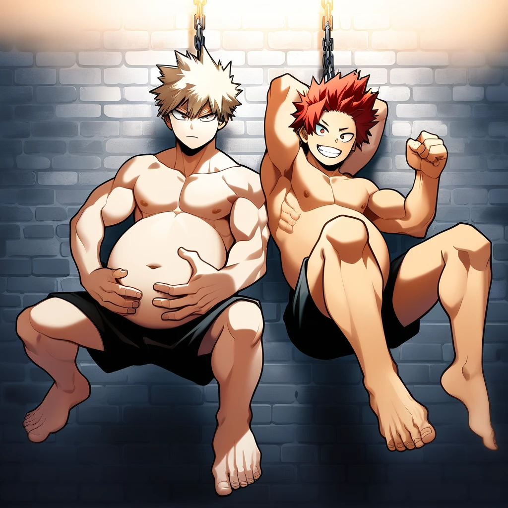 2boys, full body, male focus, muscular male, best quality, amazing quality, best aesthetic, absurdres, in a sitting on a hanging chair, gay couple, official style, year 2023, game cg, looking at viewer, happy, looking at viewer, together on picture, yaoi, gay couple, emphasizing the extraordinary size of pregnant belly, big pregnant belly, (bakugou katsuki), Eijiro Kirishima red riot, boku no hero academia, chained up on the wall, hands chained up on the wall, nipples, arms back of head, wearing black underwear, grin.
