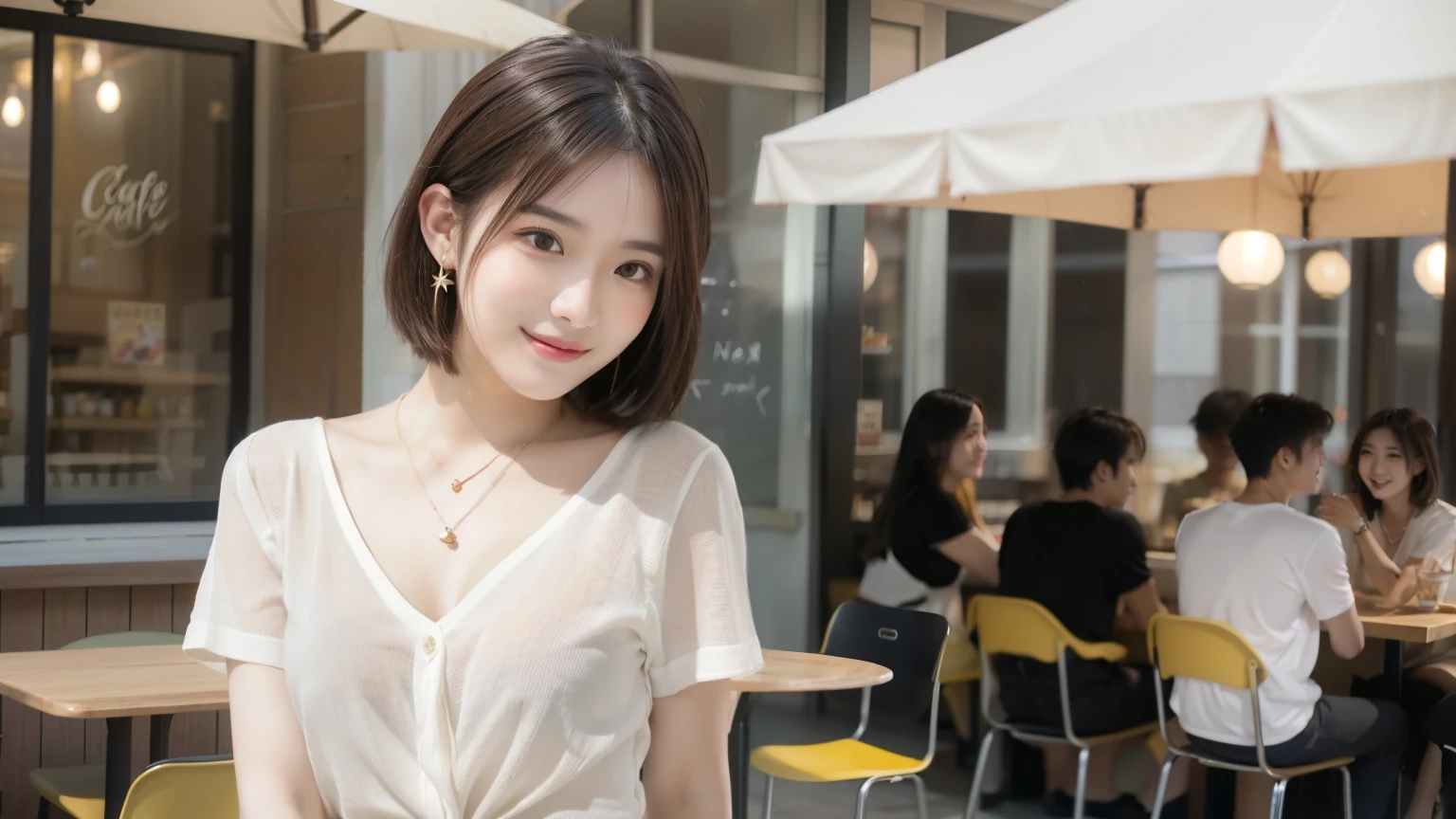 super high quality, Short Hair, Slender, Gravure photoshoot, The staff is working at the counter in the back., (8k、RAW Photos、highest quality、masterpiece:1.2), Japanese Idol, Shaggy, Stylish café, The cafe is crowded with people enjoying themselves., (Realistic、Photorealistic:1.37), Mesh Hair, Urban Cafe, Golden Ratio, Raw photo, Cute face , Light Brown Hair, Earrings, Small breasts, Bright cafe interior, Beauty salon model, Spring Clothes, necklace, Spoiled, Cafe Terrace, Open Cafe, Smile, Hair blowing in the wind, Neat clothes, T-Shirts, 18-year-old, younger sister, 
